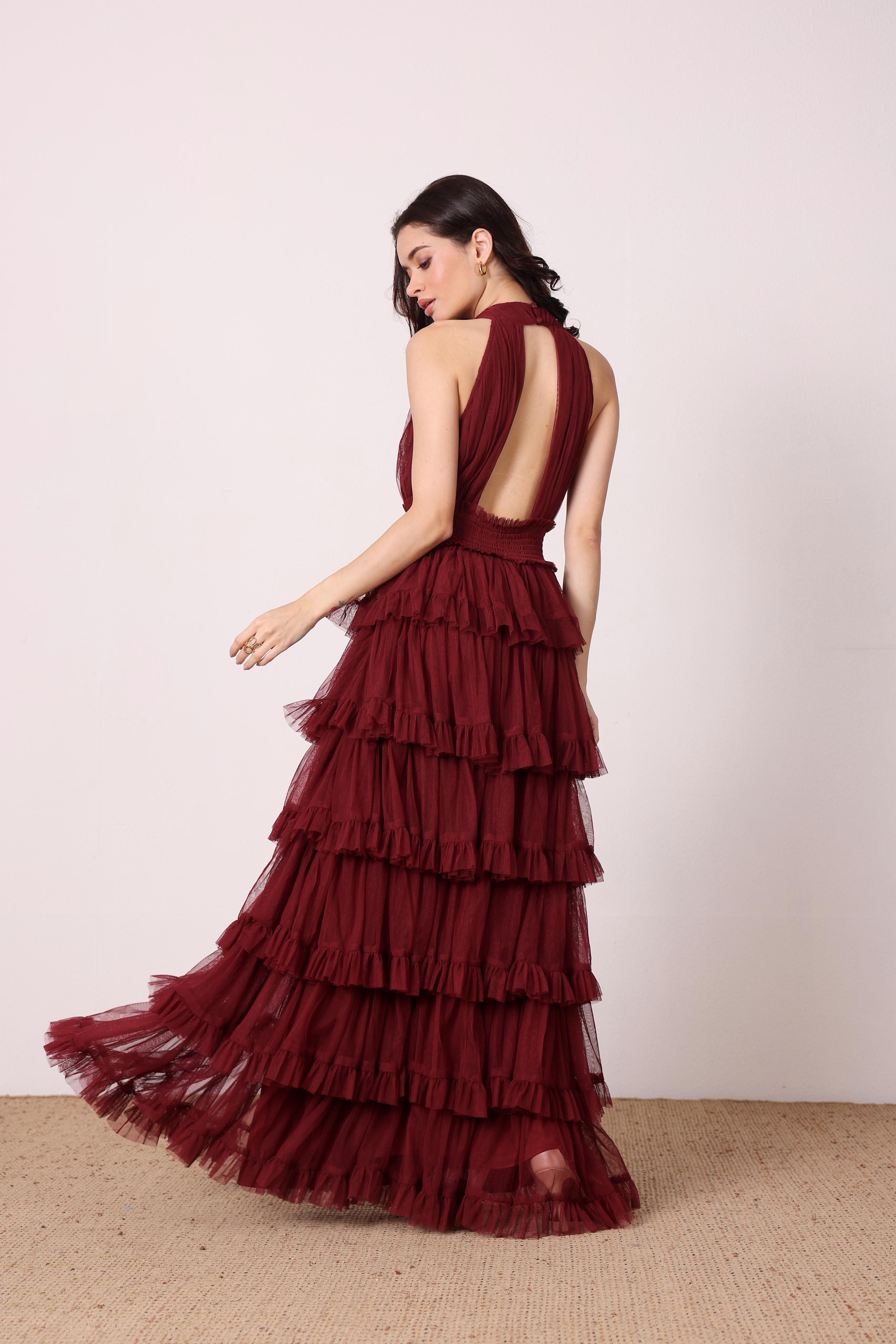 Lucerne Tulle High Neck Maxi Dress in Burgundy  Lace & Beads