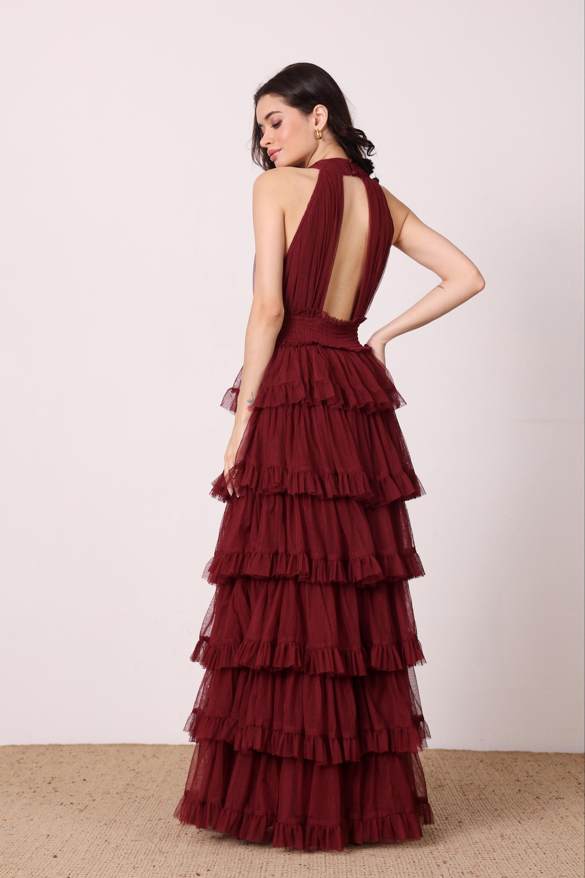 Lucerne Tulle High Neck Maxi Dress in Burgundy
