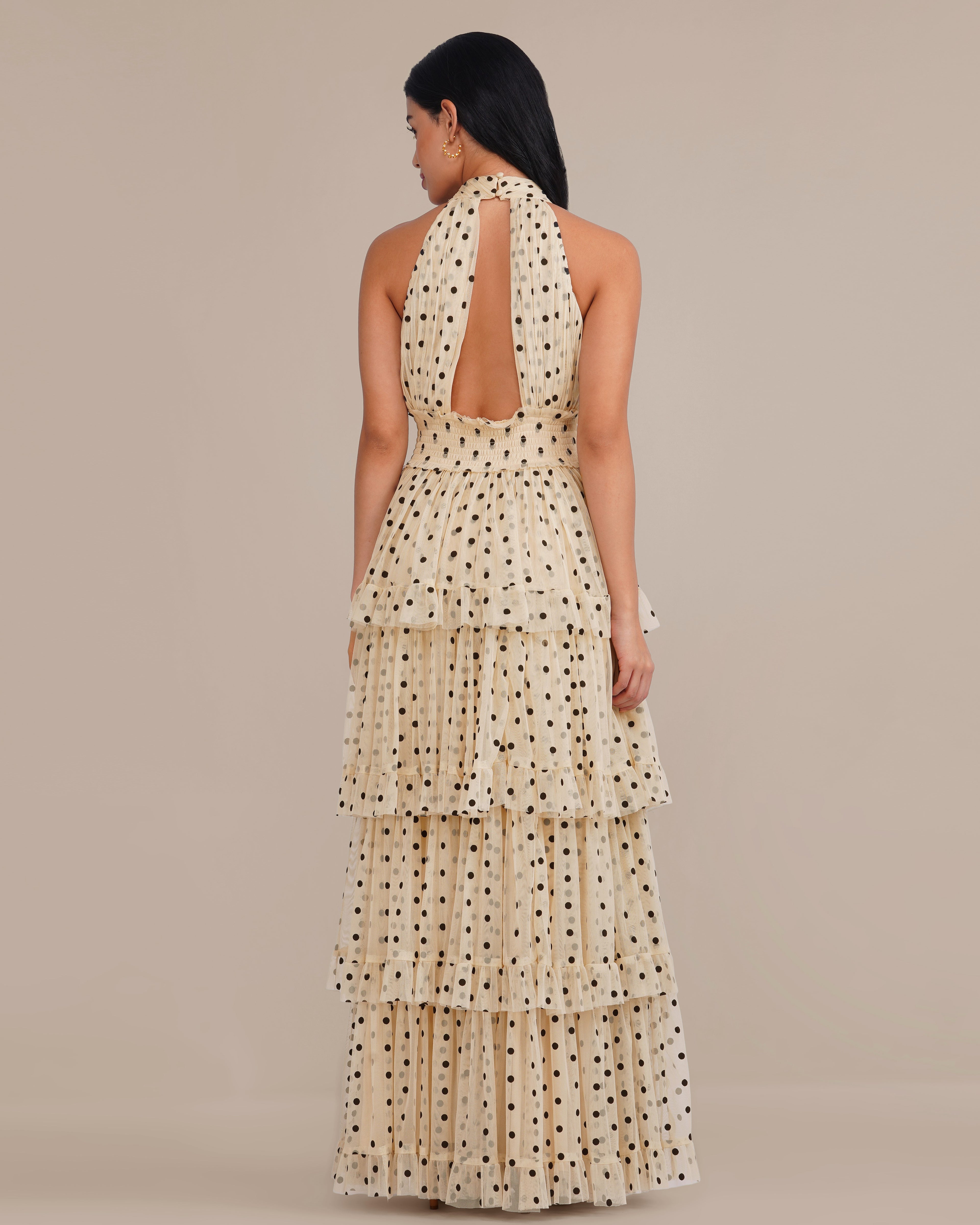 Lucerne Tulle Maxi Dress in Cream with Black Polka