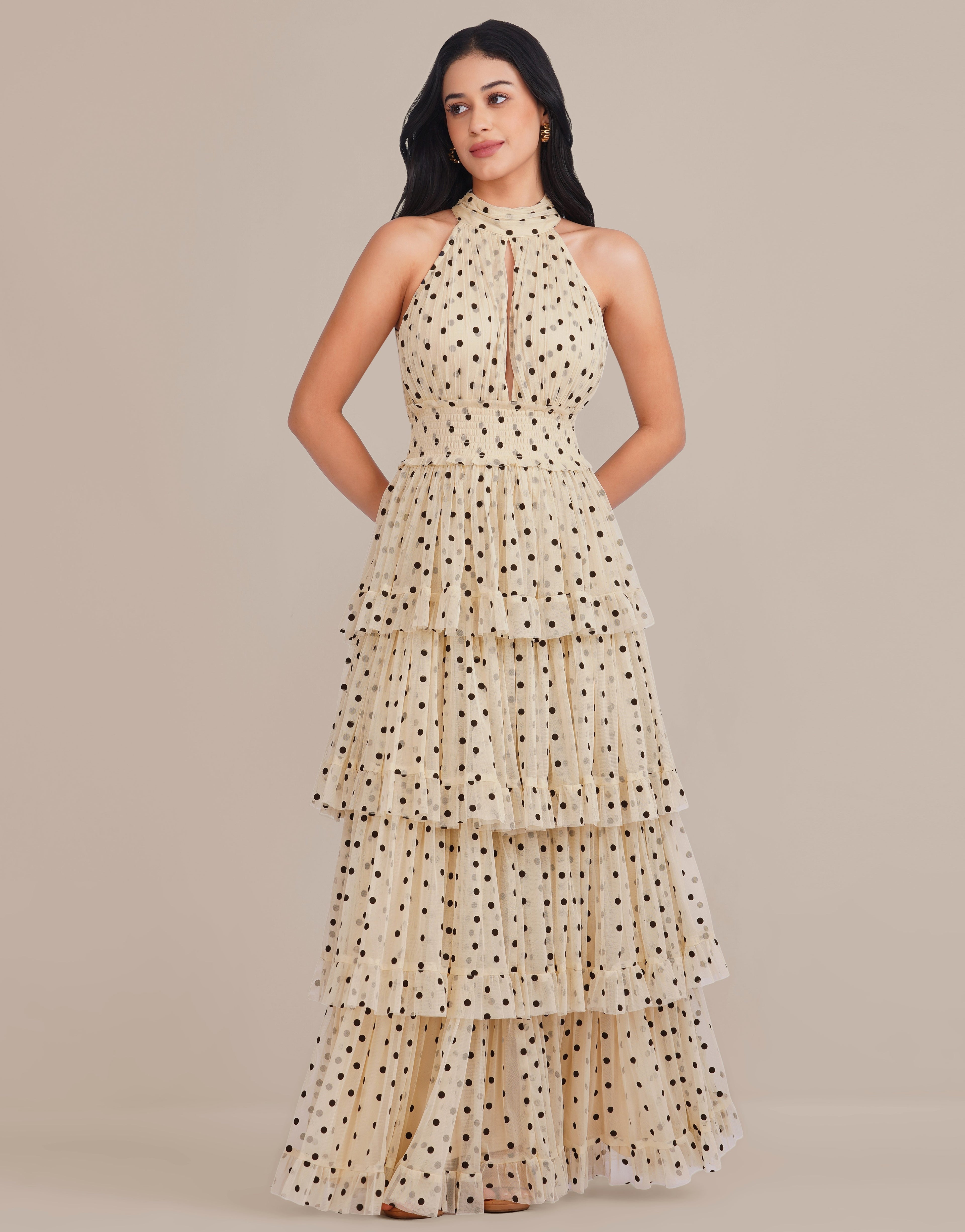 Lucerne Tulle Maxi Dress in Cream with Black Polka