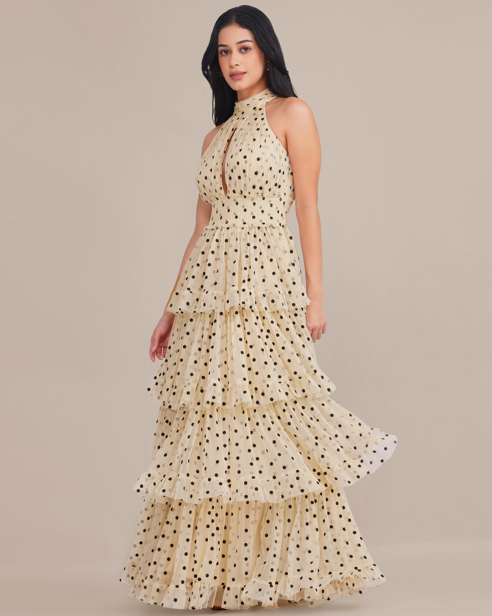 Lucerne Tulle Maxi Dress in Cream with Black Polka