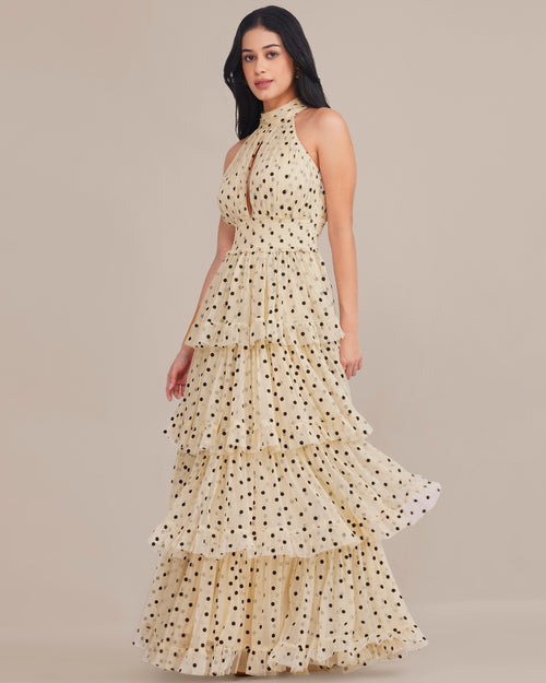 Lucerne Tulle Maxi Dress in Cream with Black Polka
