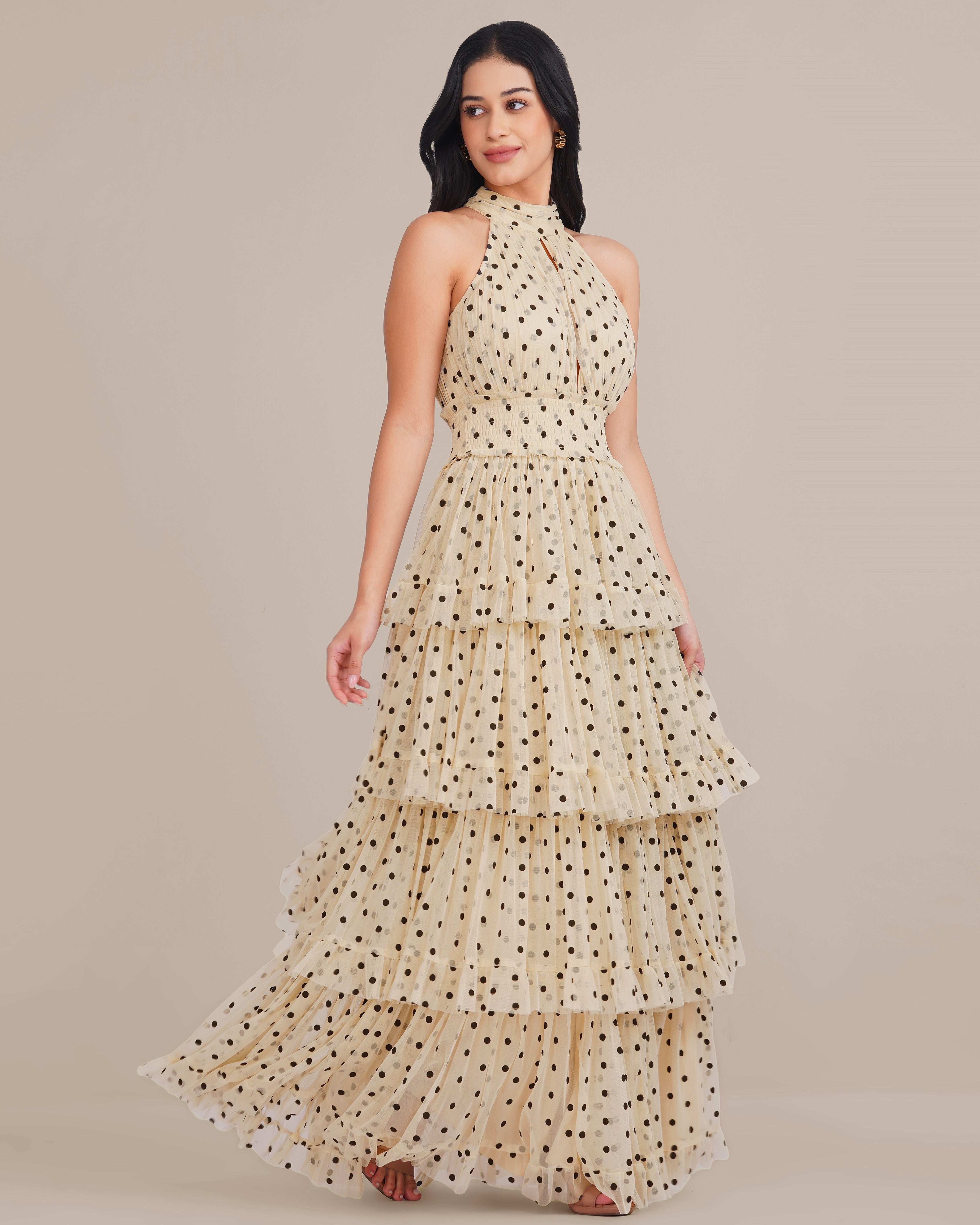 Lucerne Tulle Maxi Dress in Cream with Black Polka