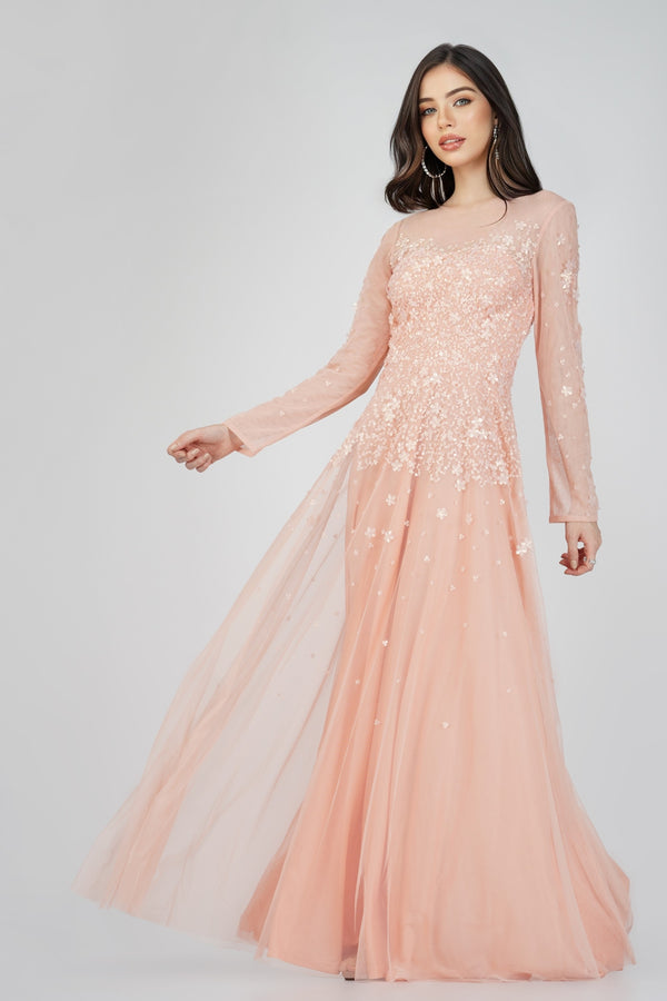 Luciene Long Sleeve Embellished Maxi Dress in Blush Pink