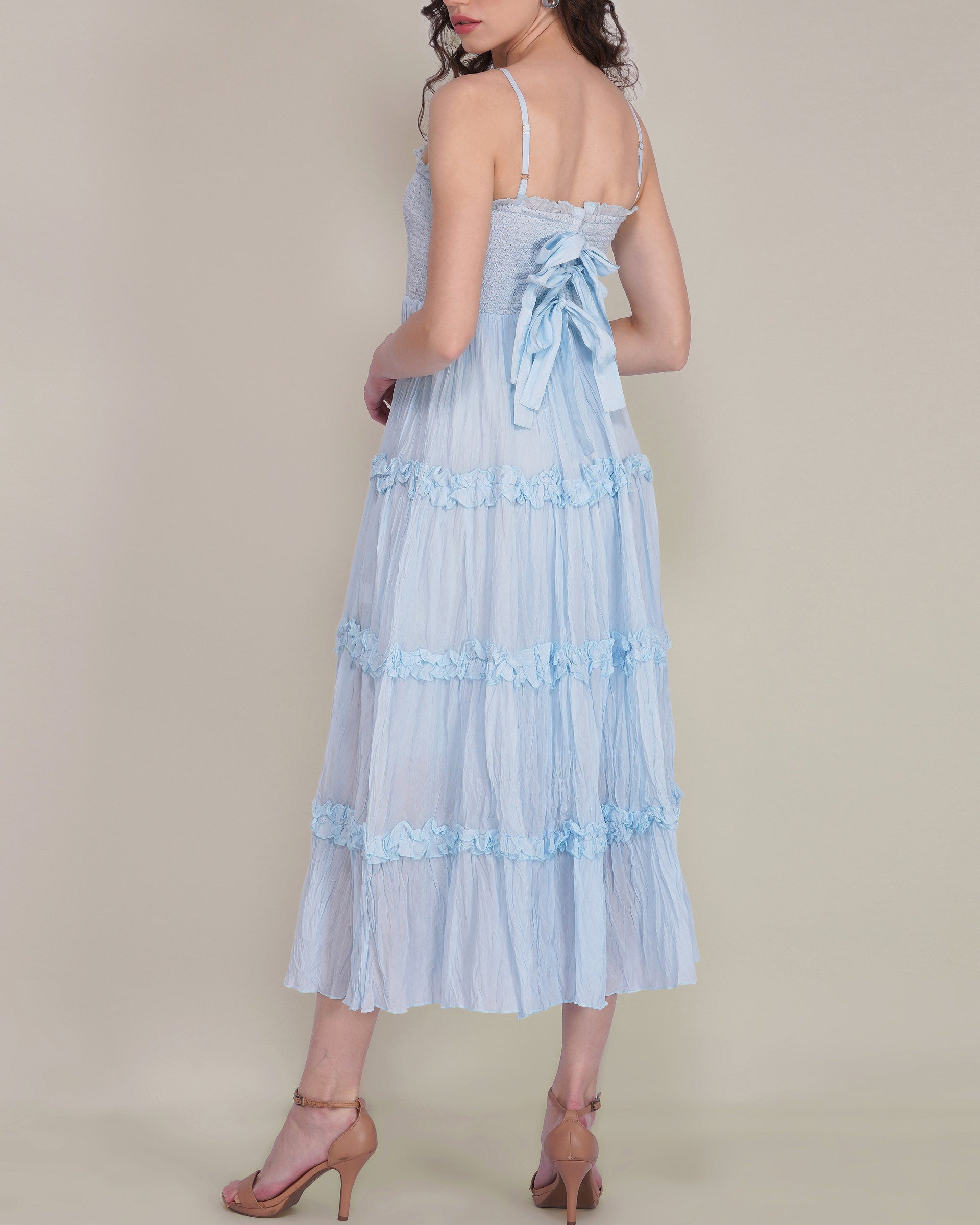 Lulu Bow Cotton Voile Midi Dress in Light Blue
