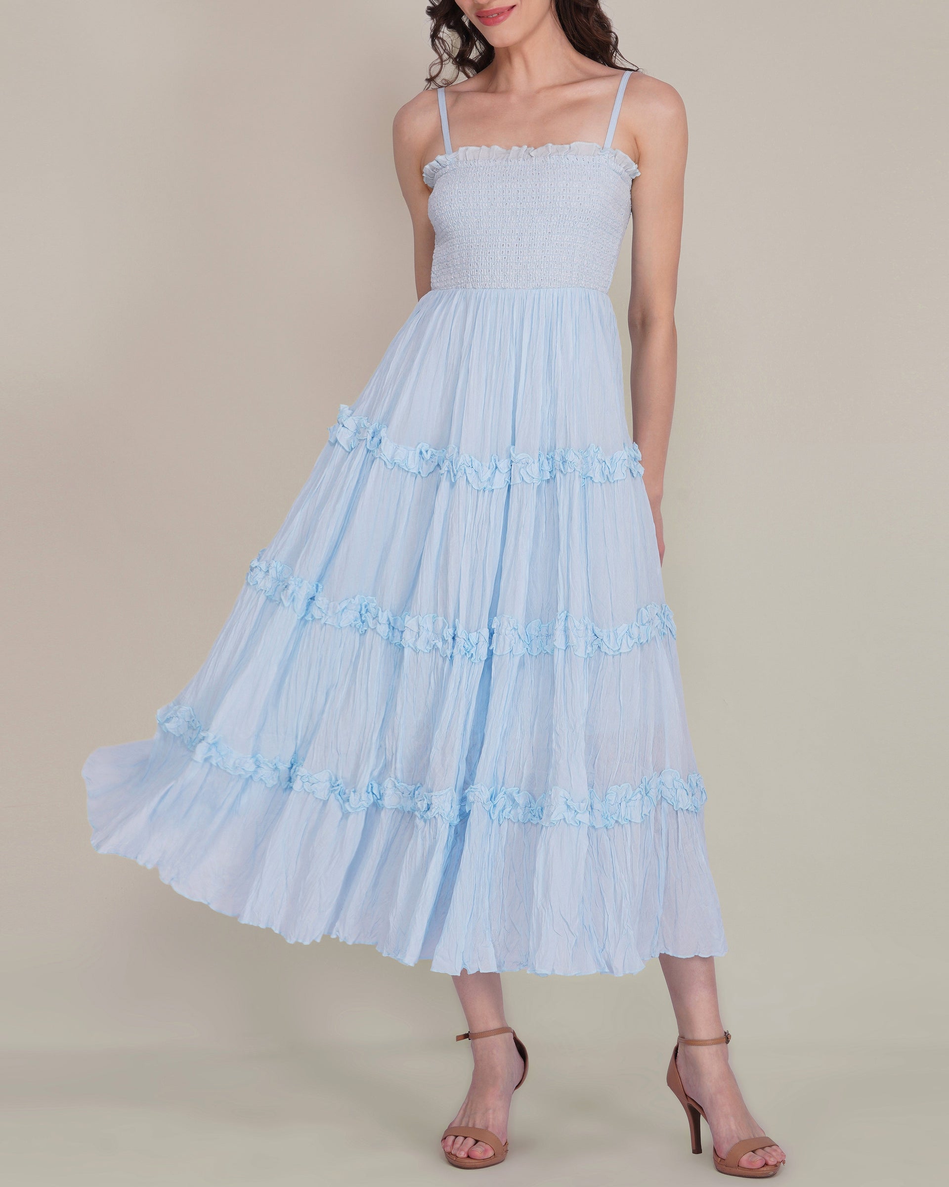 Lulu Bow Cotton Voile Midi Dress in Light Blue