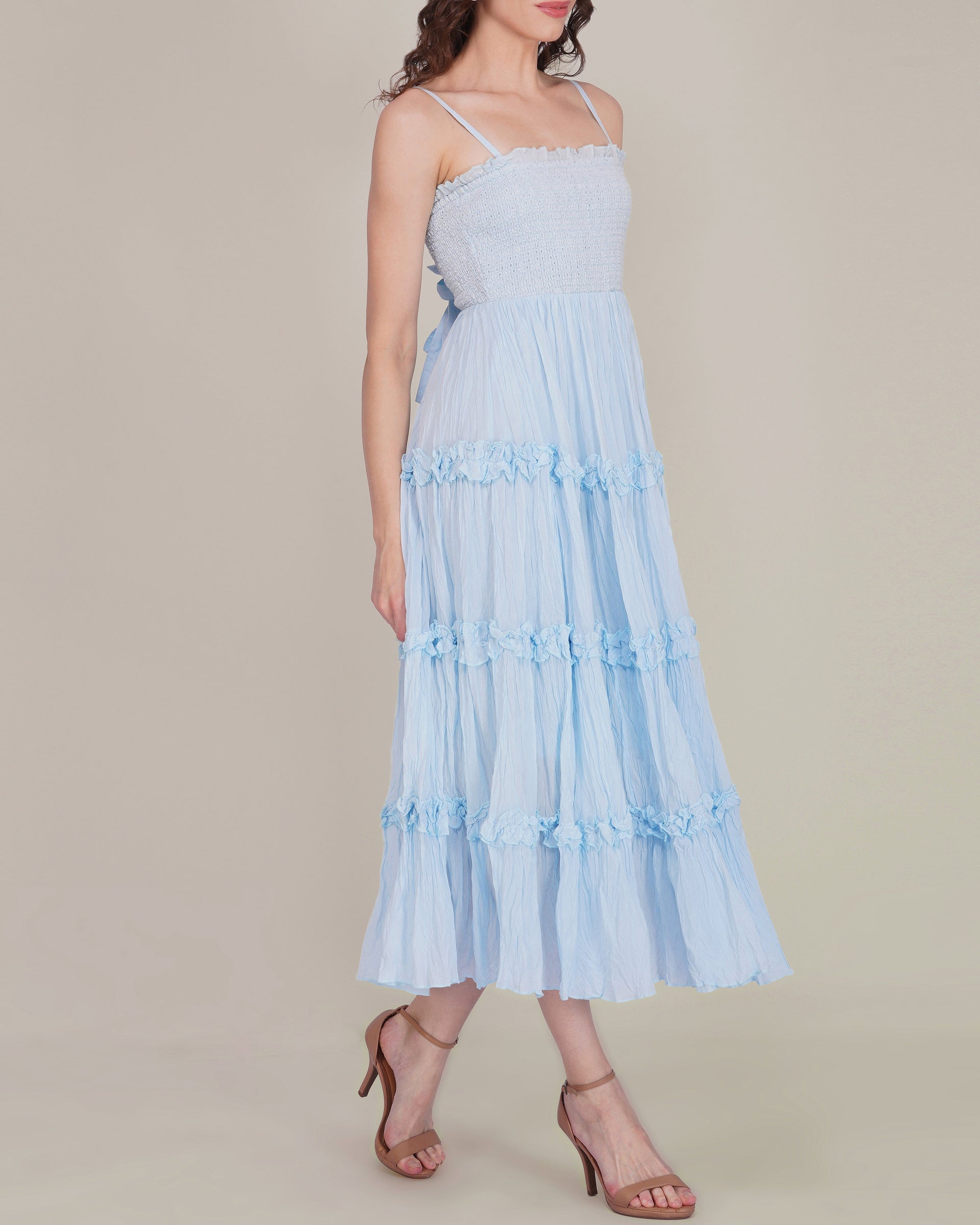 Lulu Bow Cotton Voile Midi Dress in Light Blue