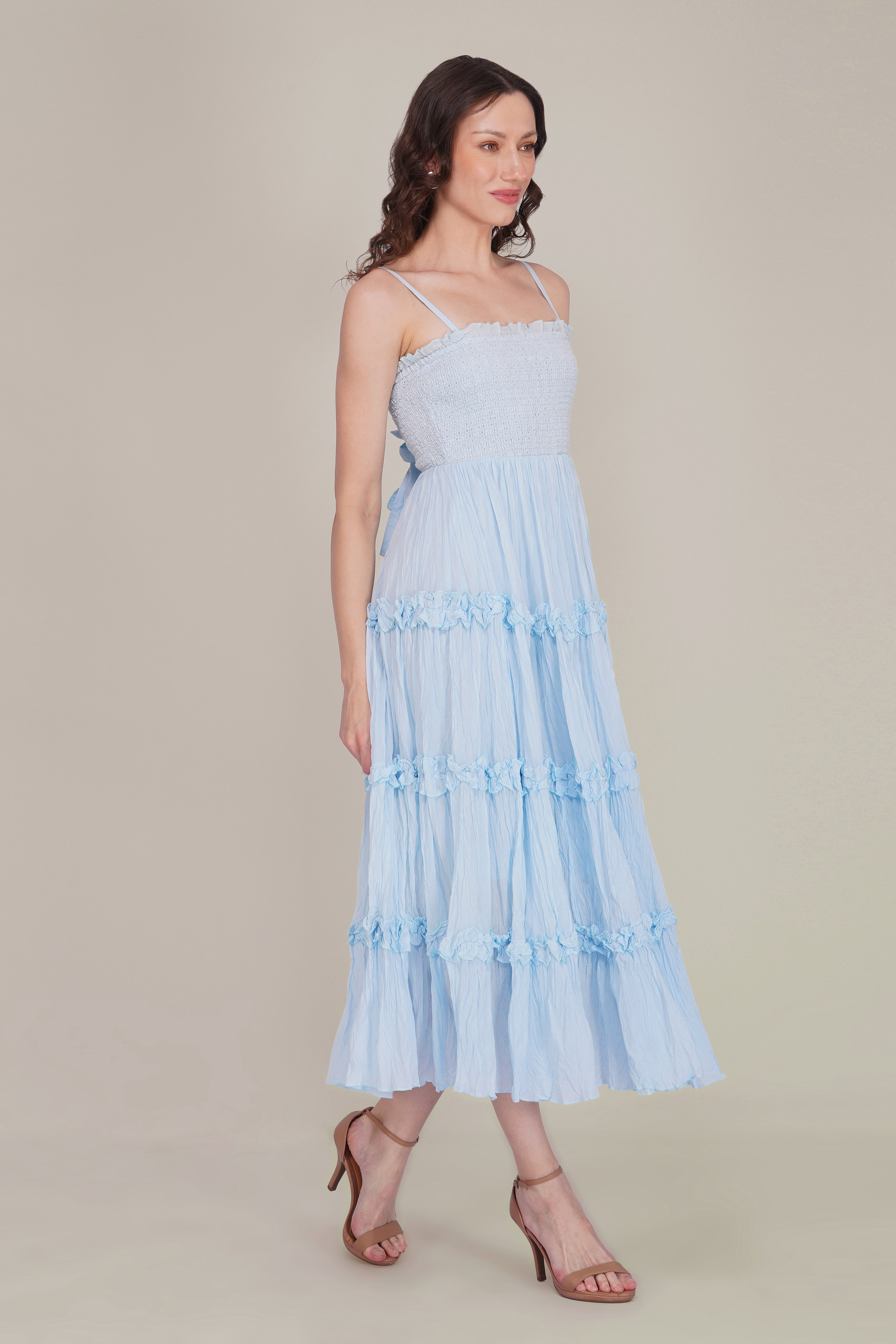Lulu Bow Cotton Voile Midi Dress in Light Blue