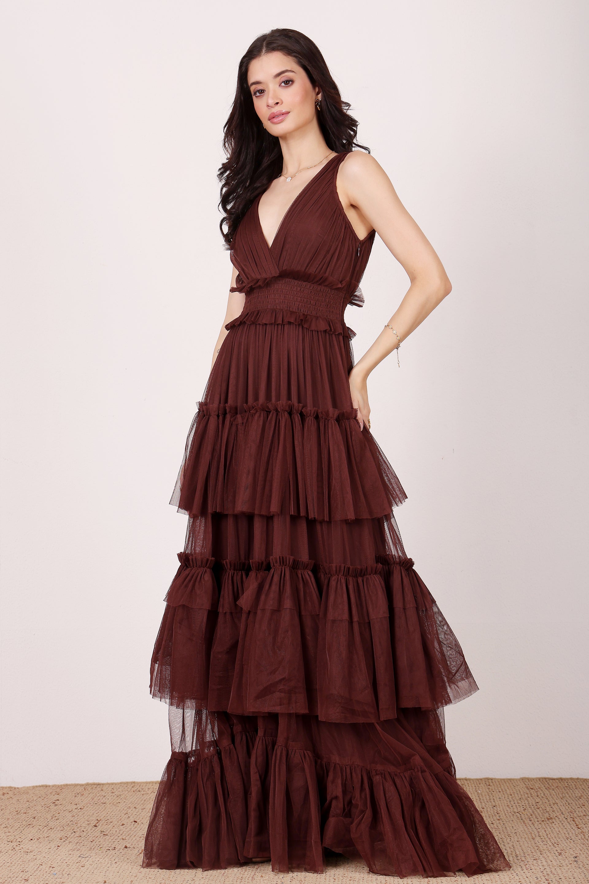 Luna Tulle Maxi Dress in Chocolate Brown