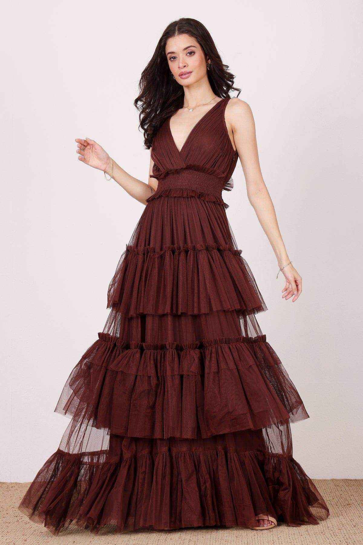 Luna Tulle Maxi Dress in Chocolate Brown