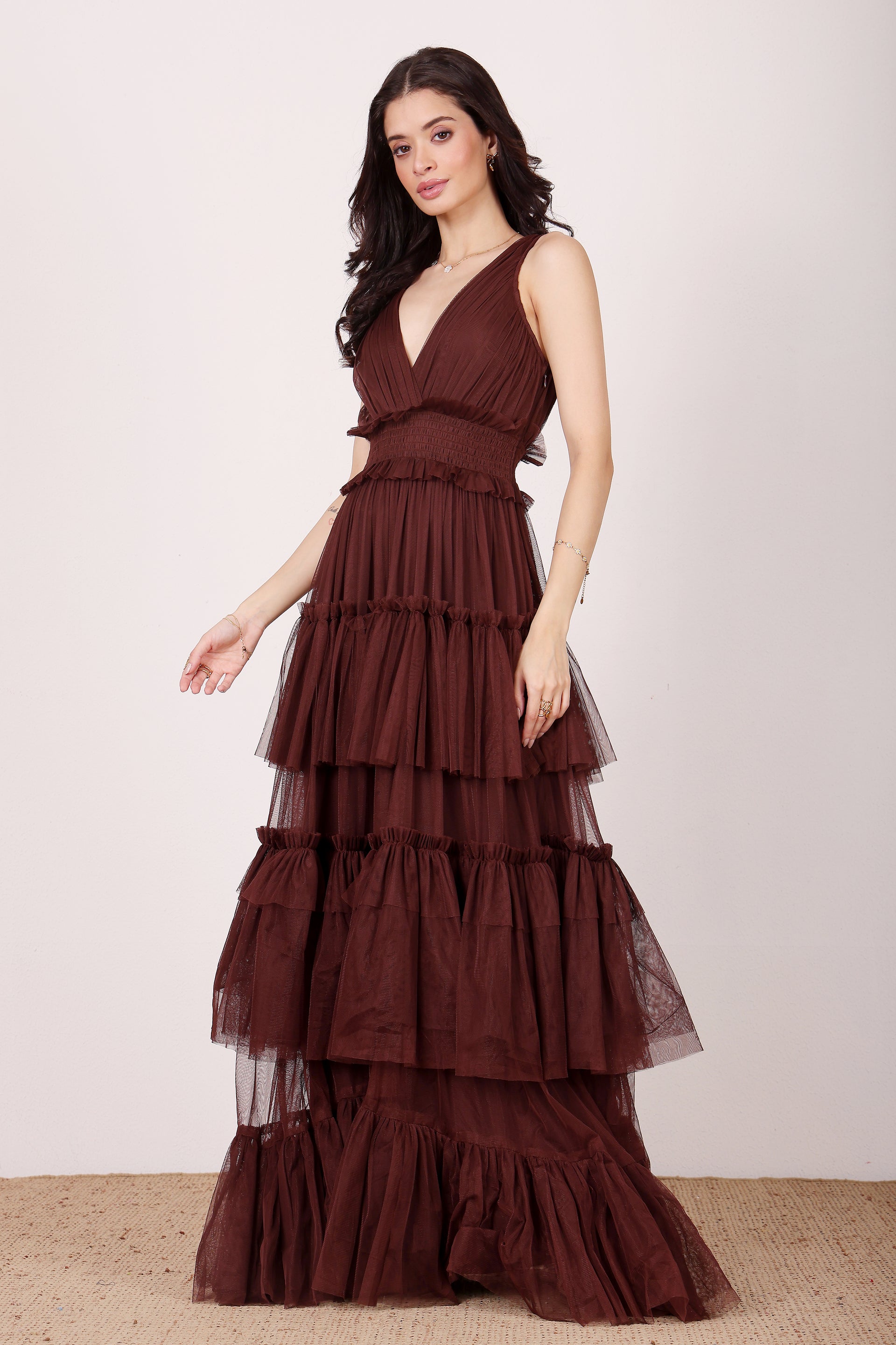 Luna Tulle Maxi Dress in Chocolate Brown