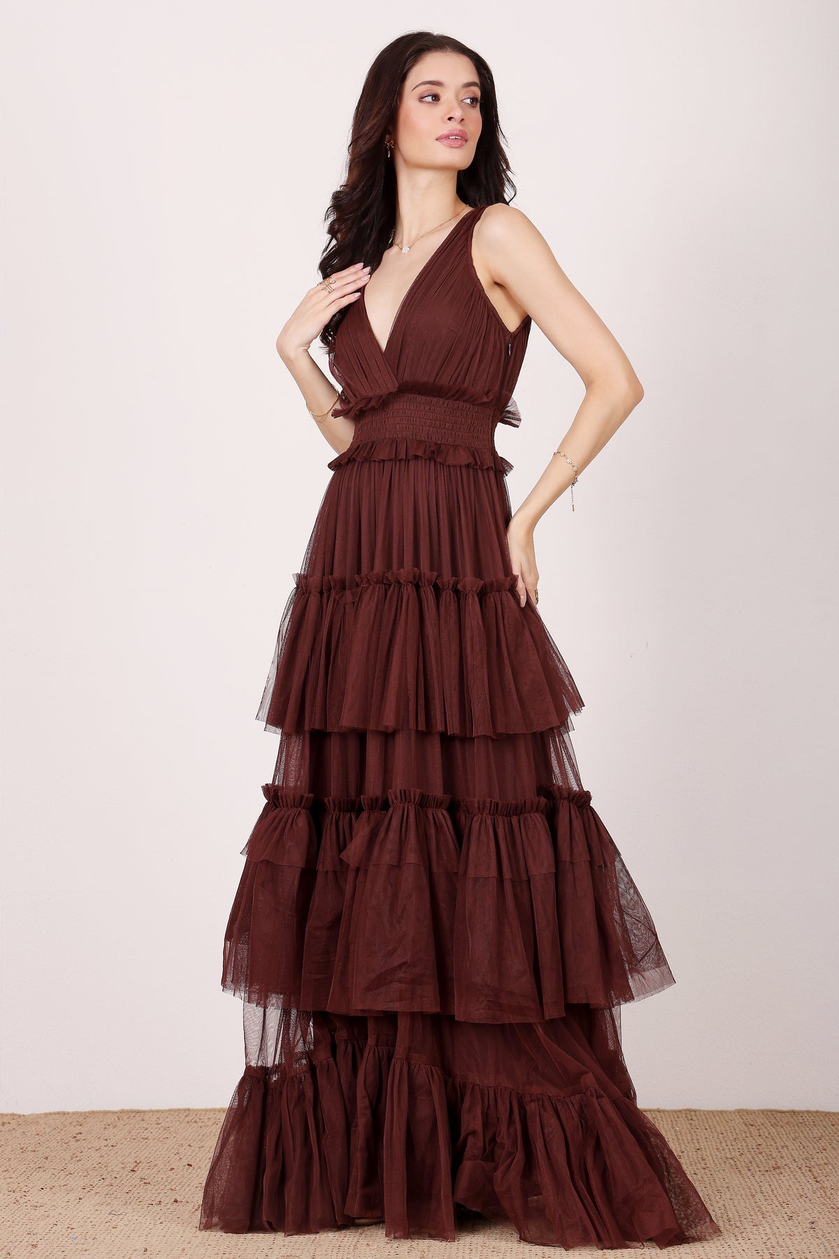 Luna Tulle Maxi Dress in Chocolate Brown