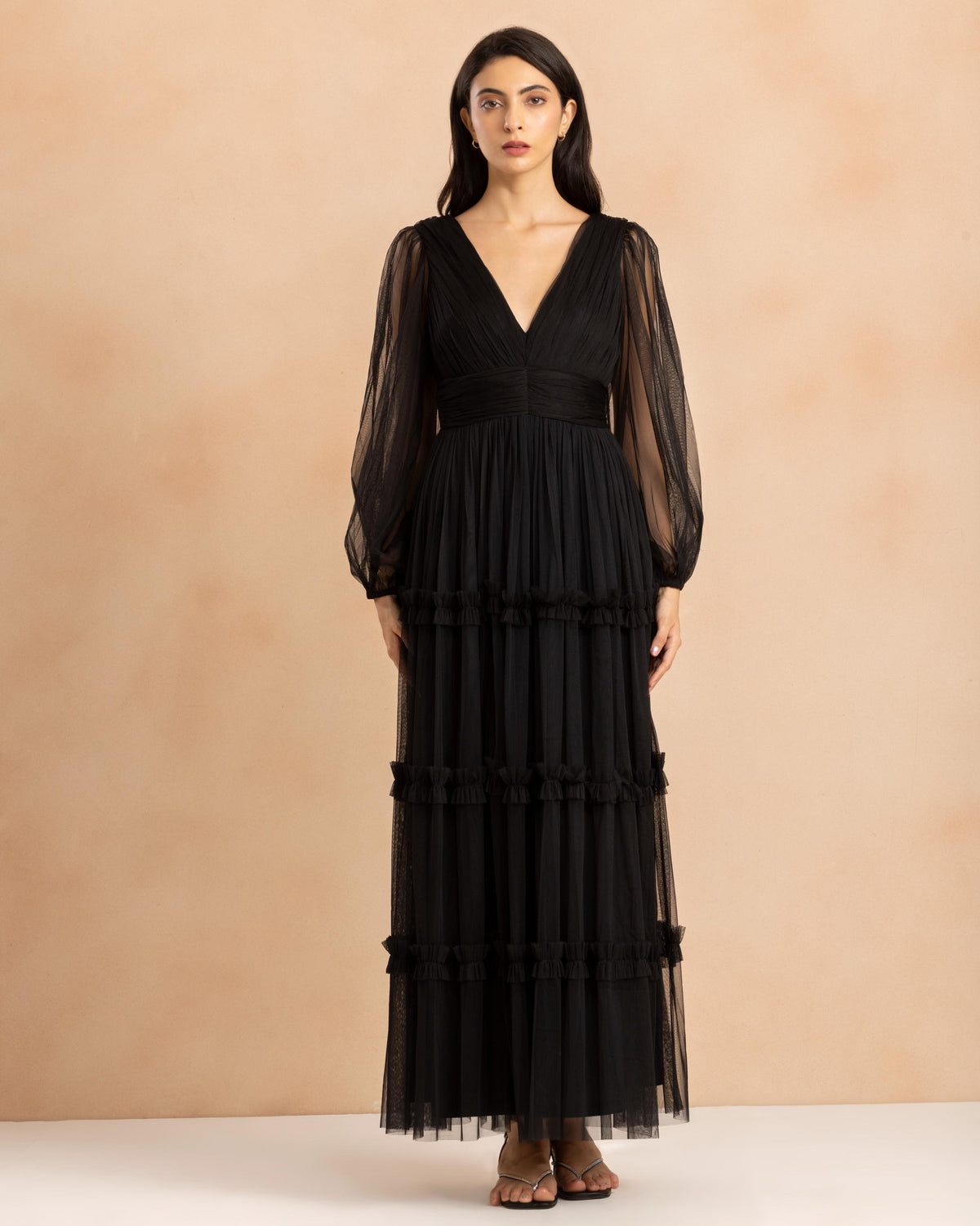 Lydia Tulle Demi Maxi Dress in Black