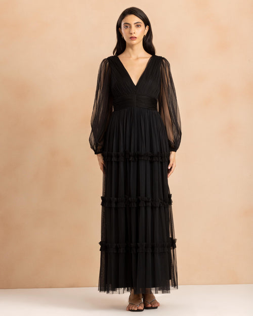 Lydia Tulle Demi Maxi Dress in Black