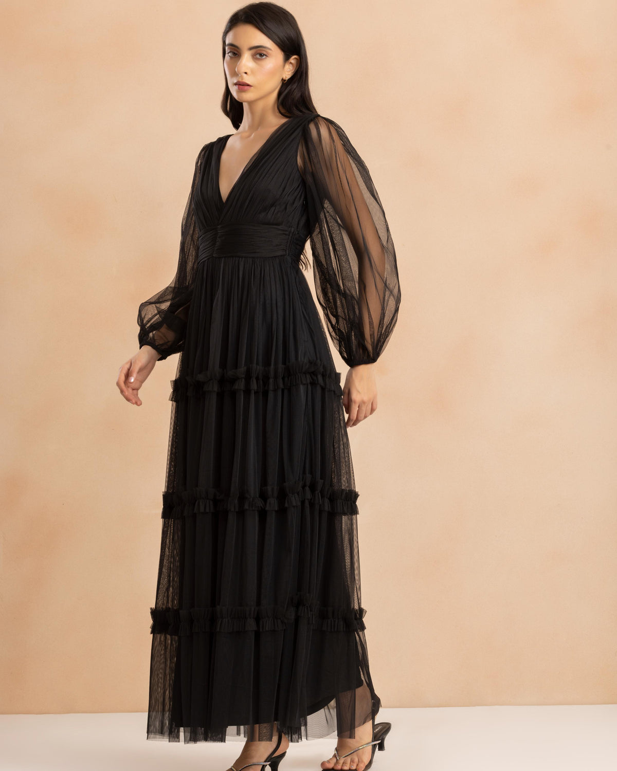 Lydia Tulle Demi Maxi Dress in Black