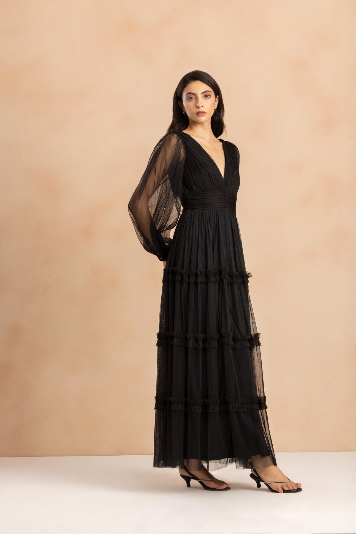 Lydia Tulle Demi Maxi Dress in Black
