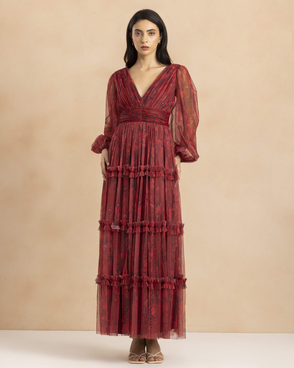 Lydia Demi Tulle Maxi Dress in Scarlet Floral
