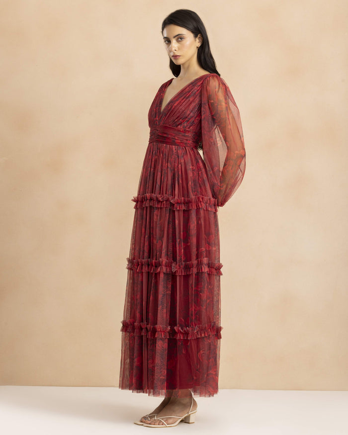 Lydia Demi Tulle Maxi Dress in Scarlet Floral