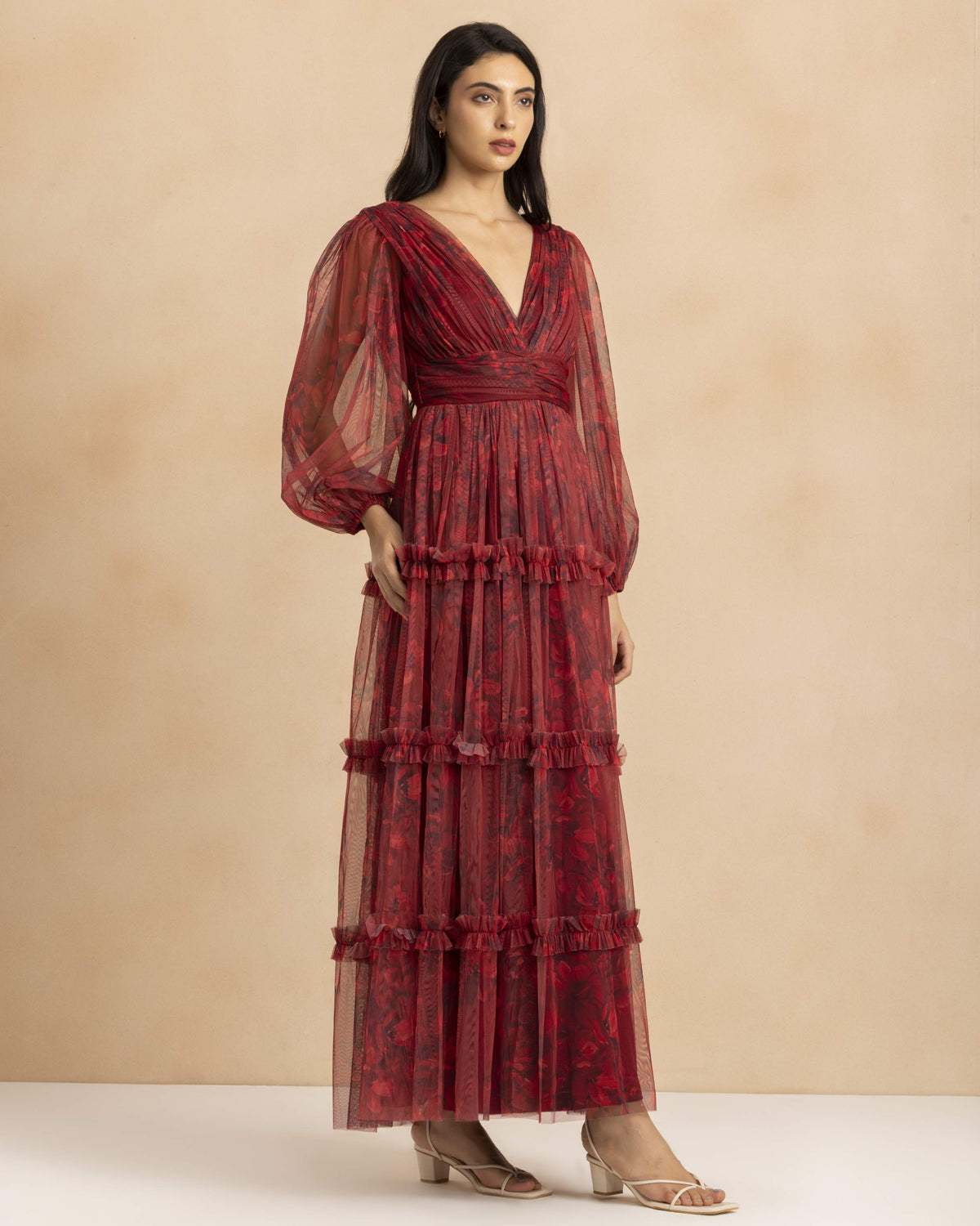 Lydia Demi Tulle Maxi Dress in Scarlet Floral