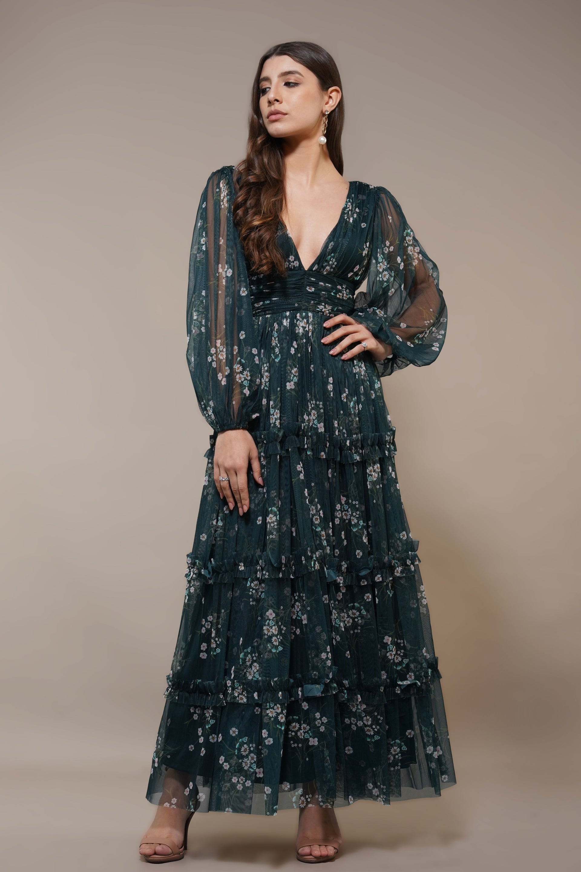 Long-sleeve plunging v-neck maxi emerald floral dress wedding guest