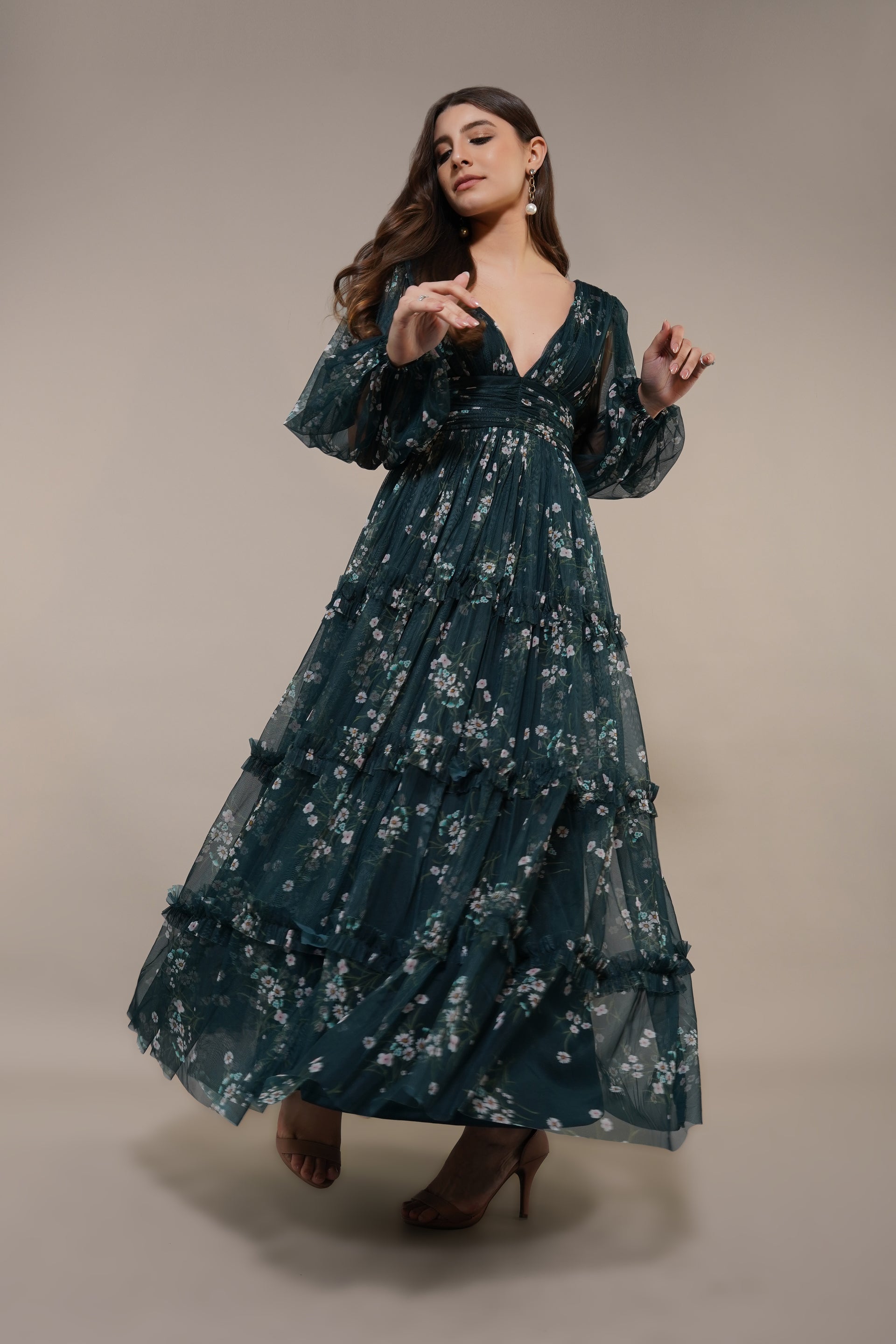 Lydia Tulle Maxi Dress in Emerald Floral