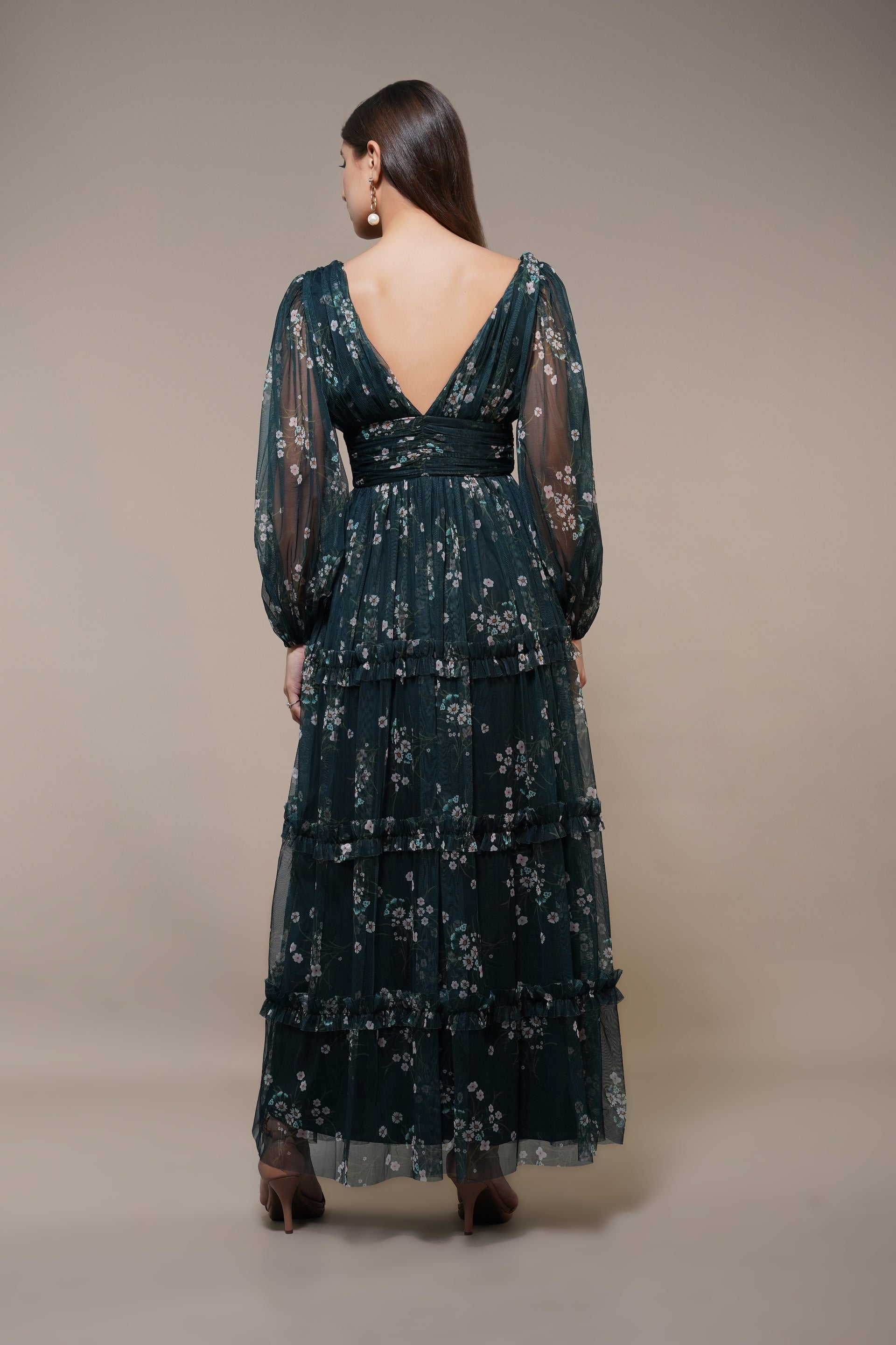 Lydia Tulle Maxi Dress in Emerald Floral