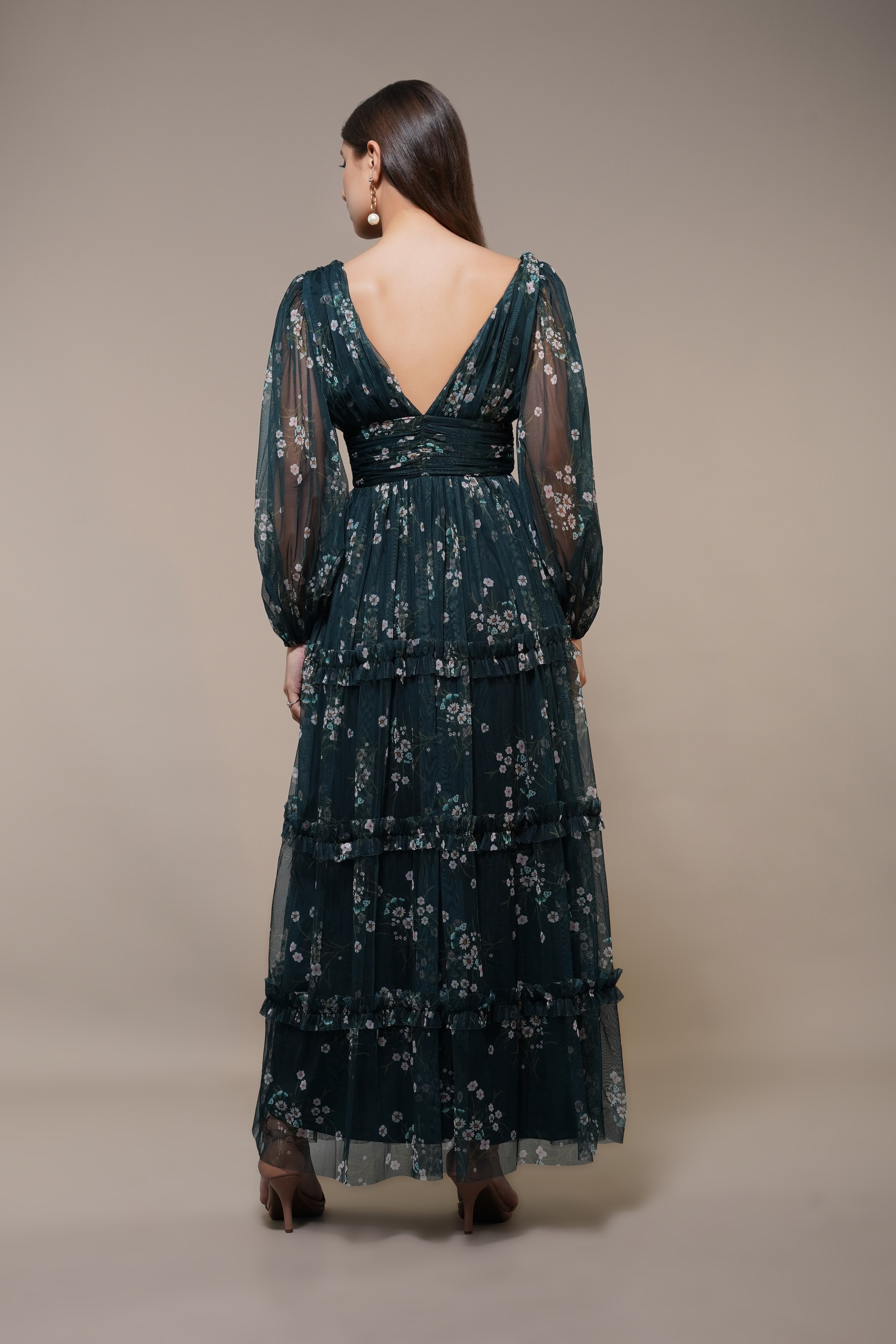 Lydia Tulle Maxi Dress in Emerald Floral