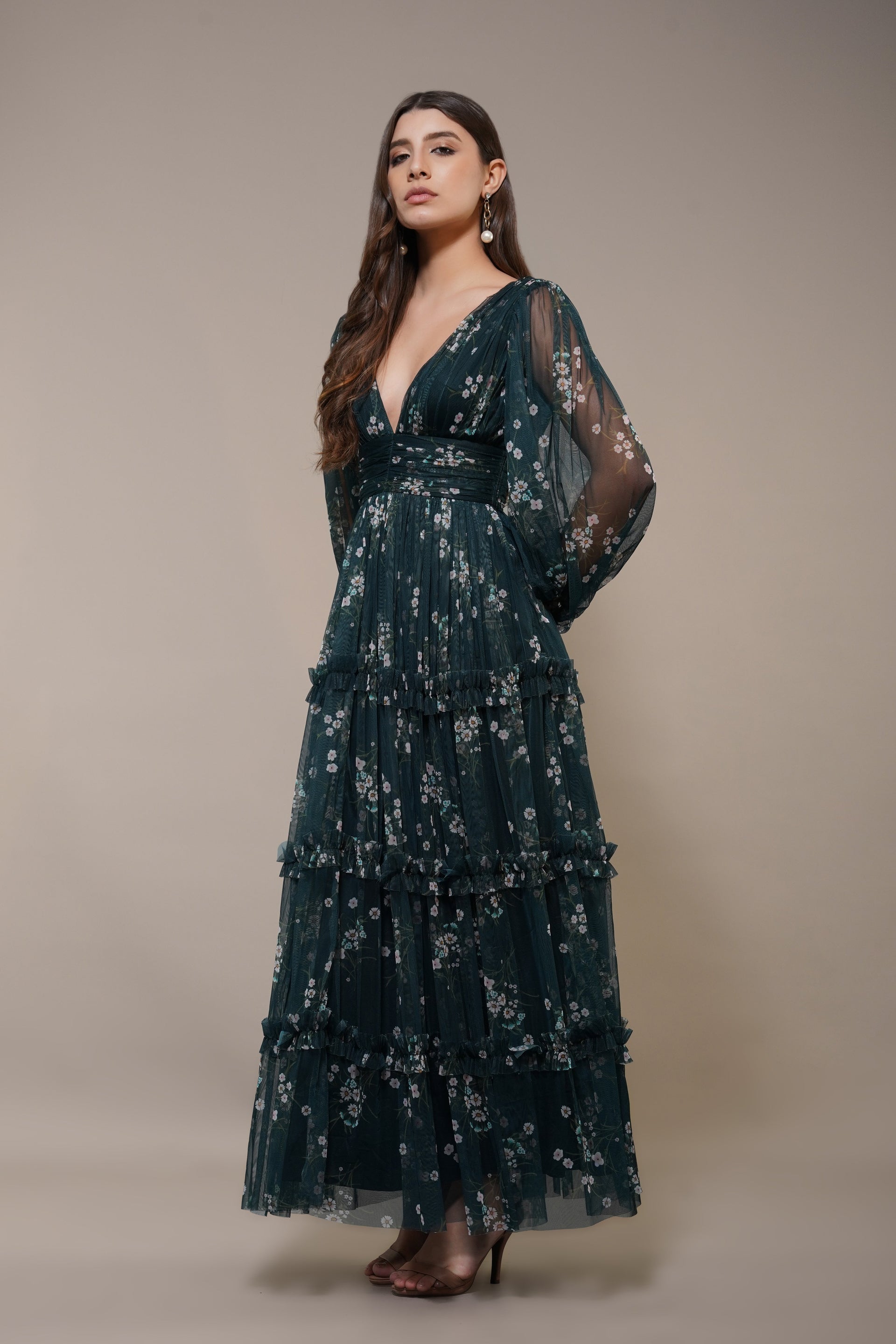 Lydia Tulle Maxi Dress in Emerald Floral