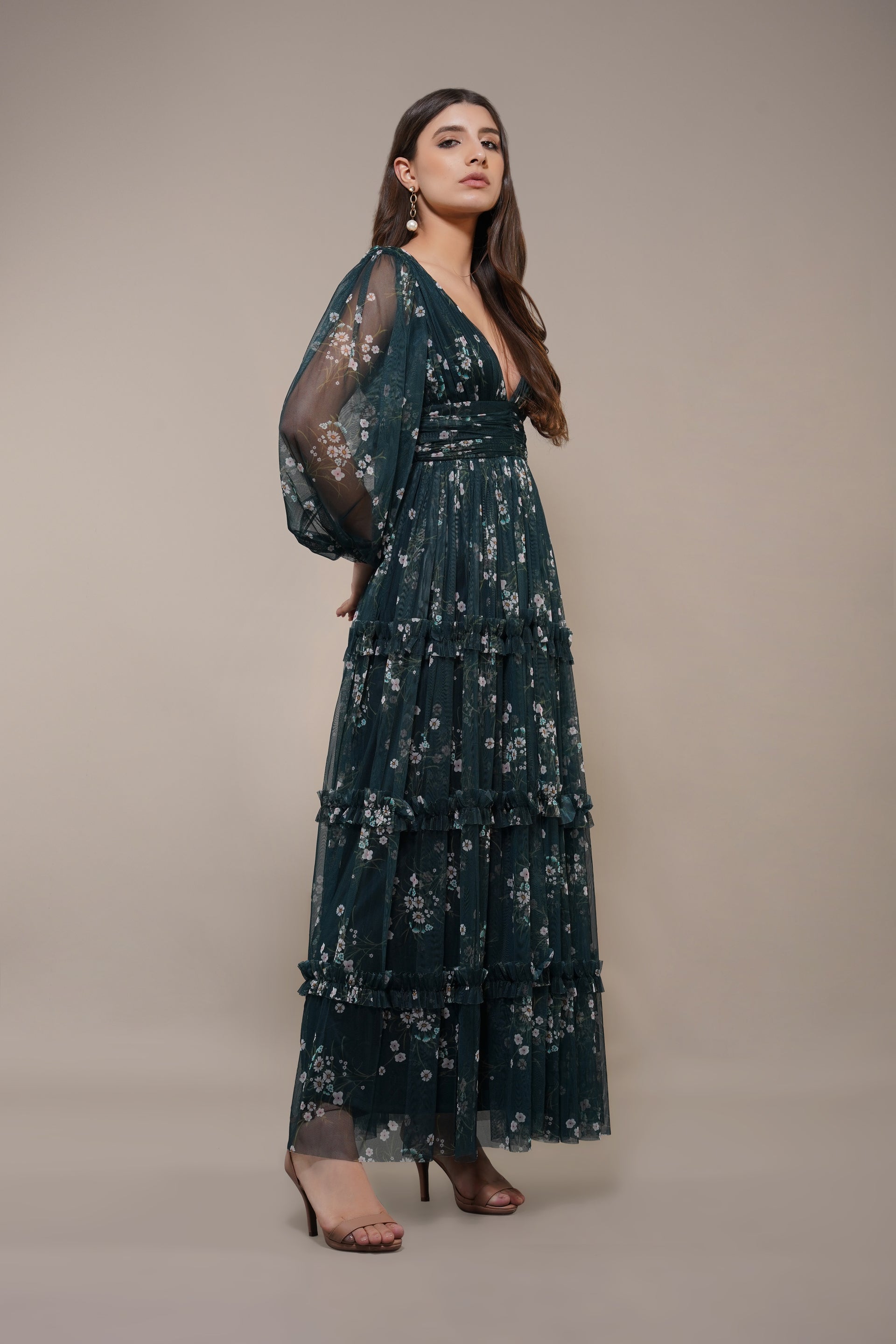 Lydia Tulle Maxi Dress in Emerald Floral