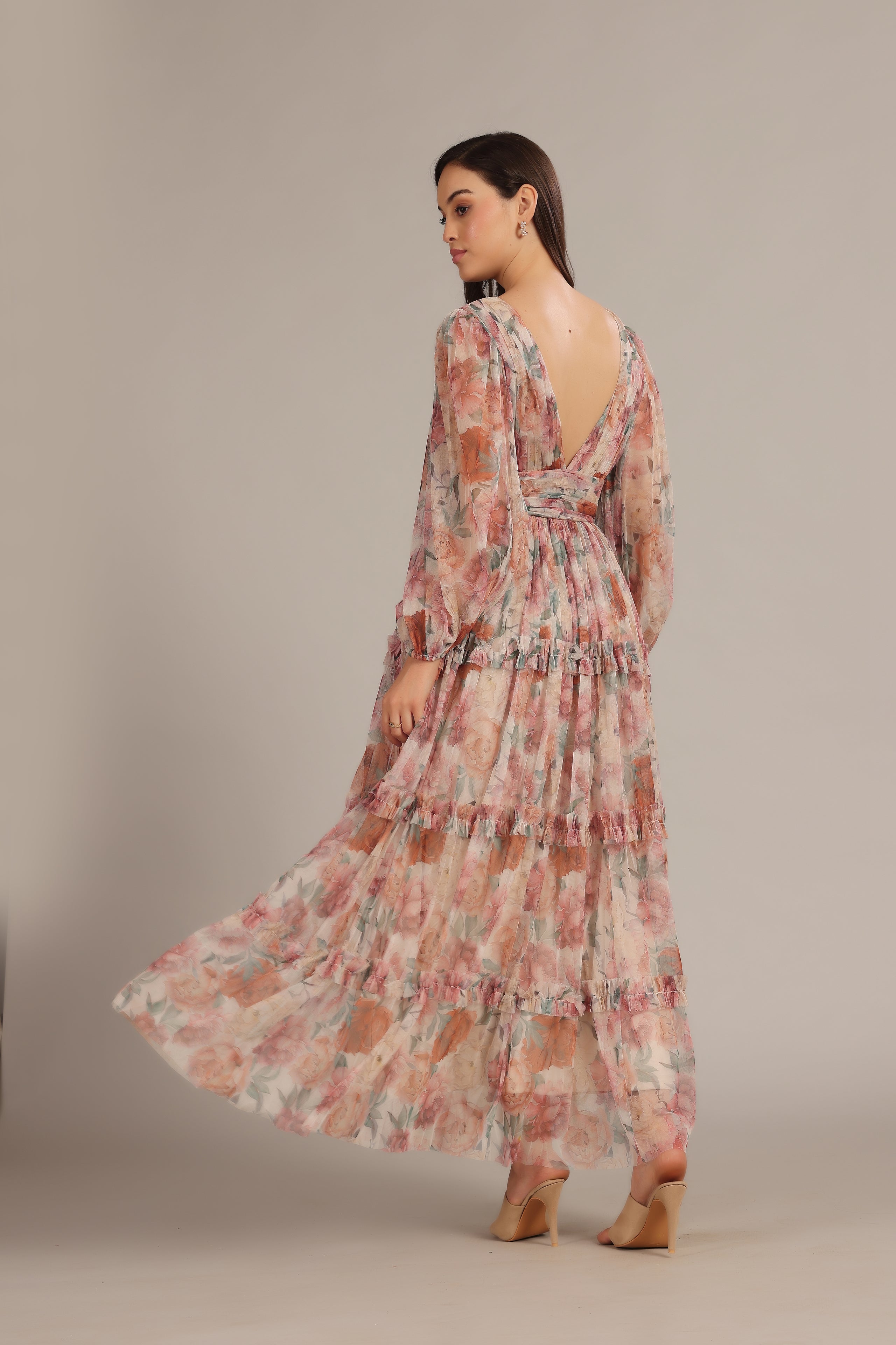 Lydia Tulle Maxi Dress in Light Brown Floral – Lace & Beads