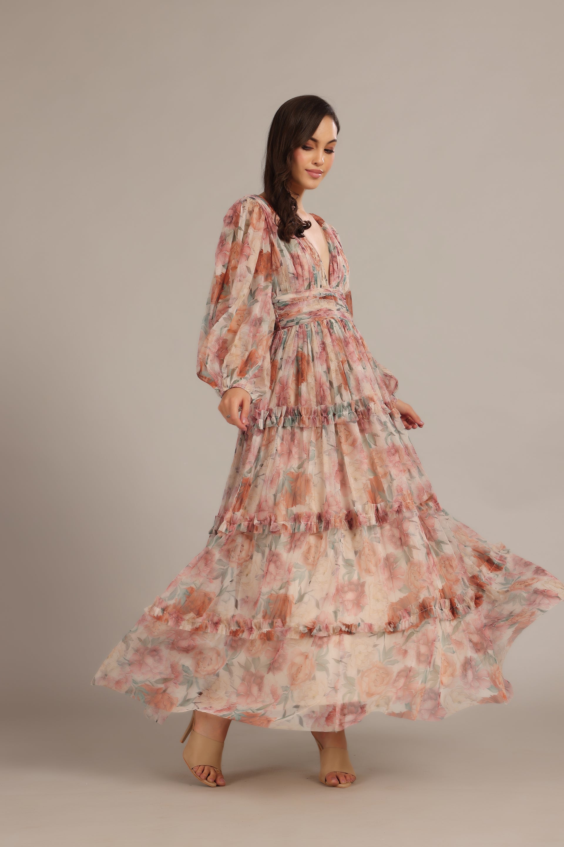 Lydia Tulle Maxi Dress in Light Brown Floral