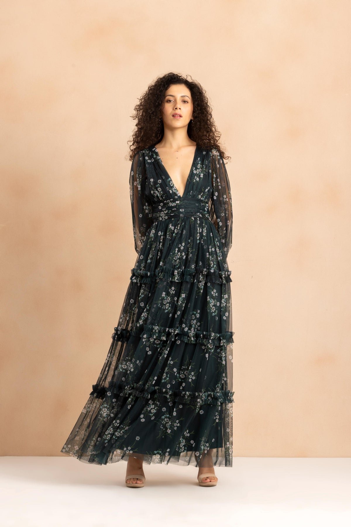 Lydia Tulle Maxi Dress in Emerald Floral