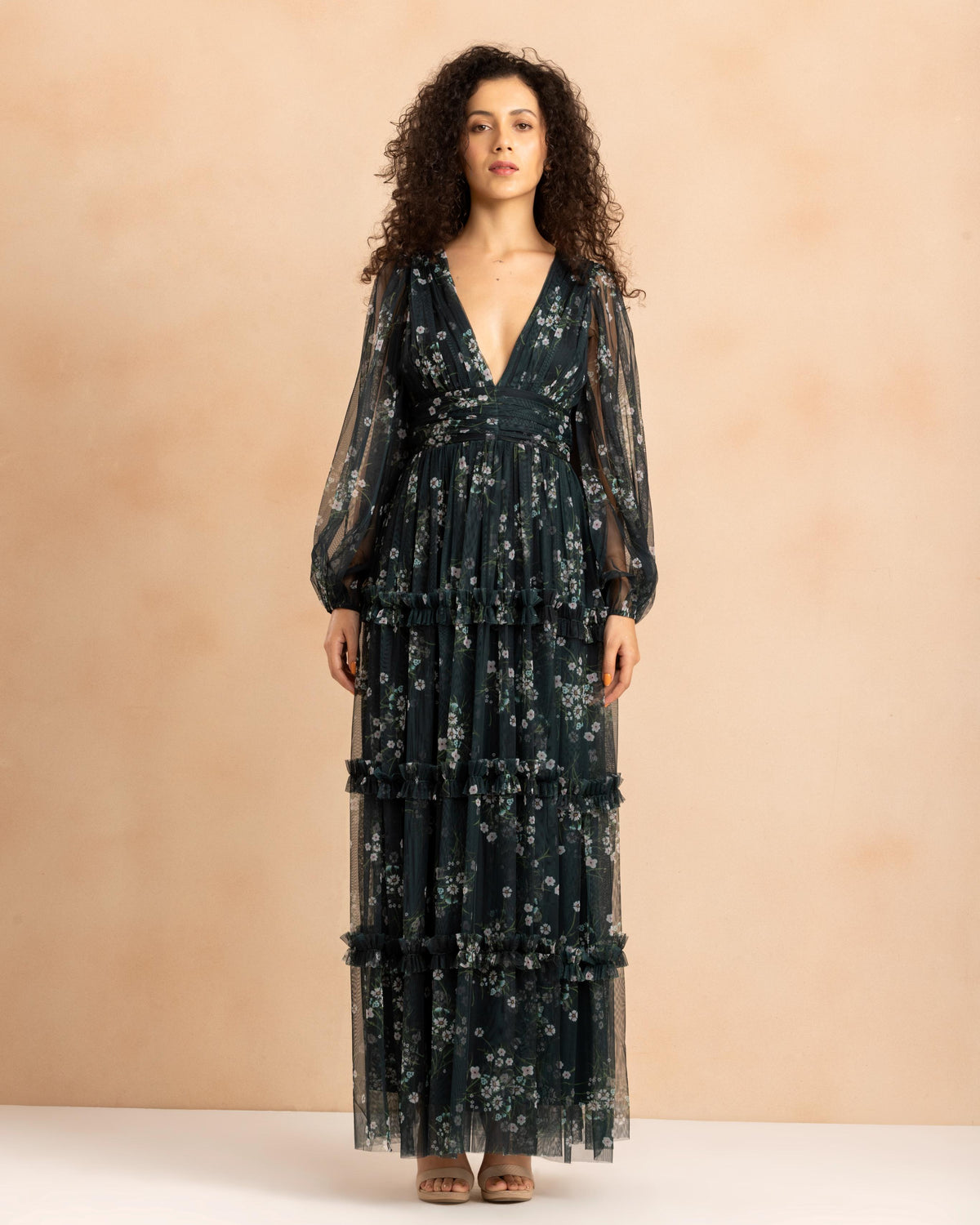 Lydia Tulle Maxi Dress in Emerald Floral