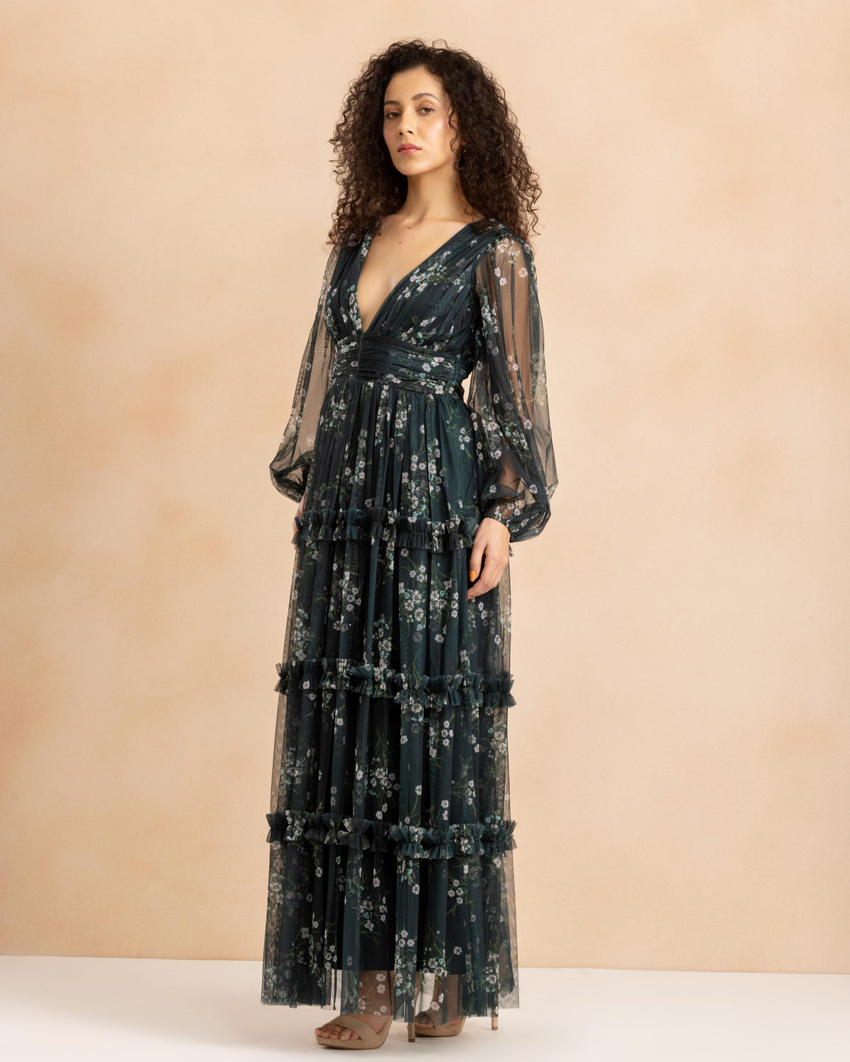 Lydia Tulle Maxi Dress in Emerald Floral