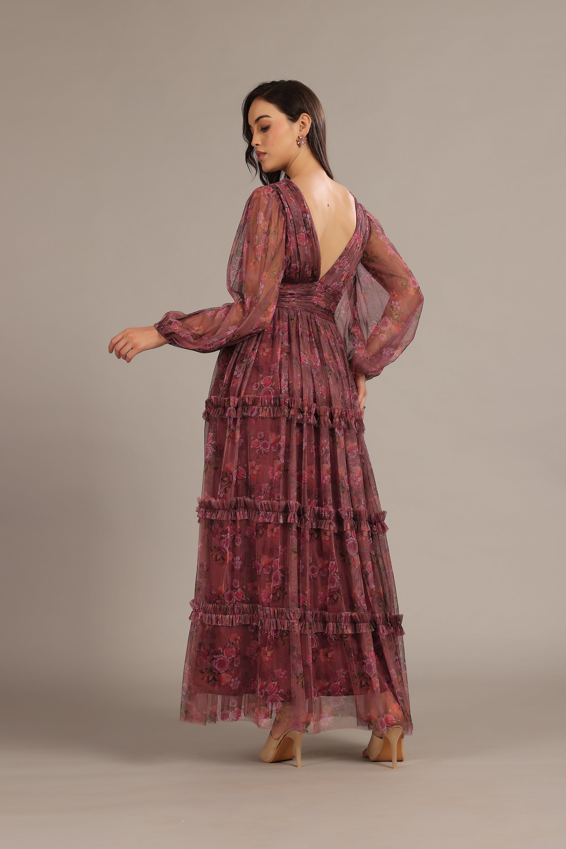 Lydia Tulle Maxi Dress in Purple Floral