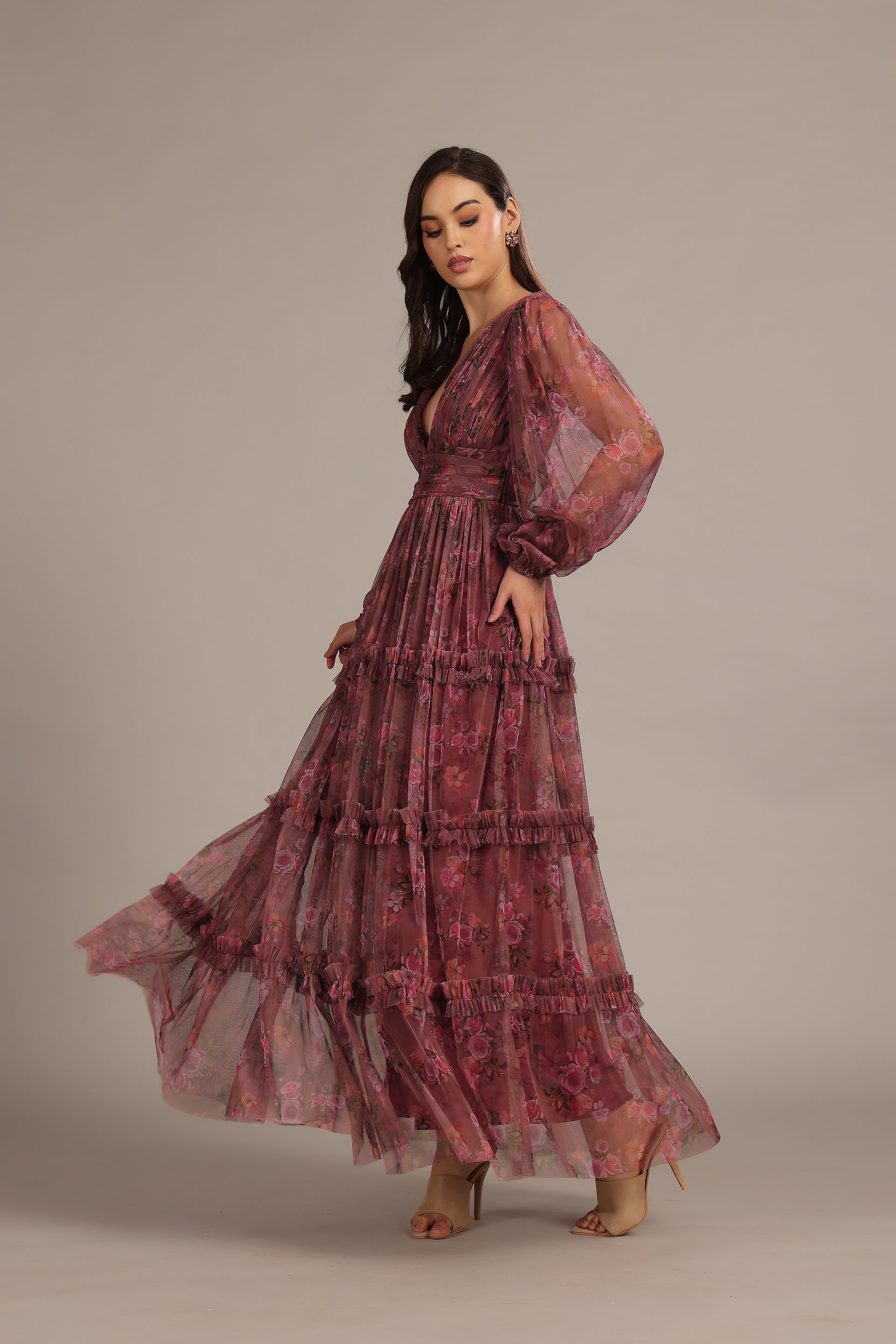 Lydia Tulle Maxi Dress in Purple Floral
