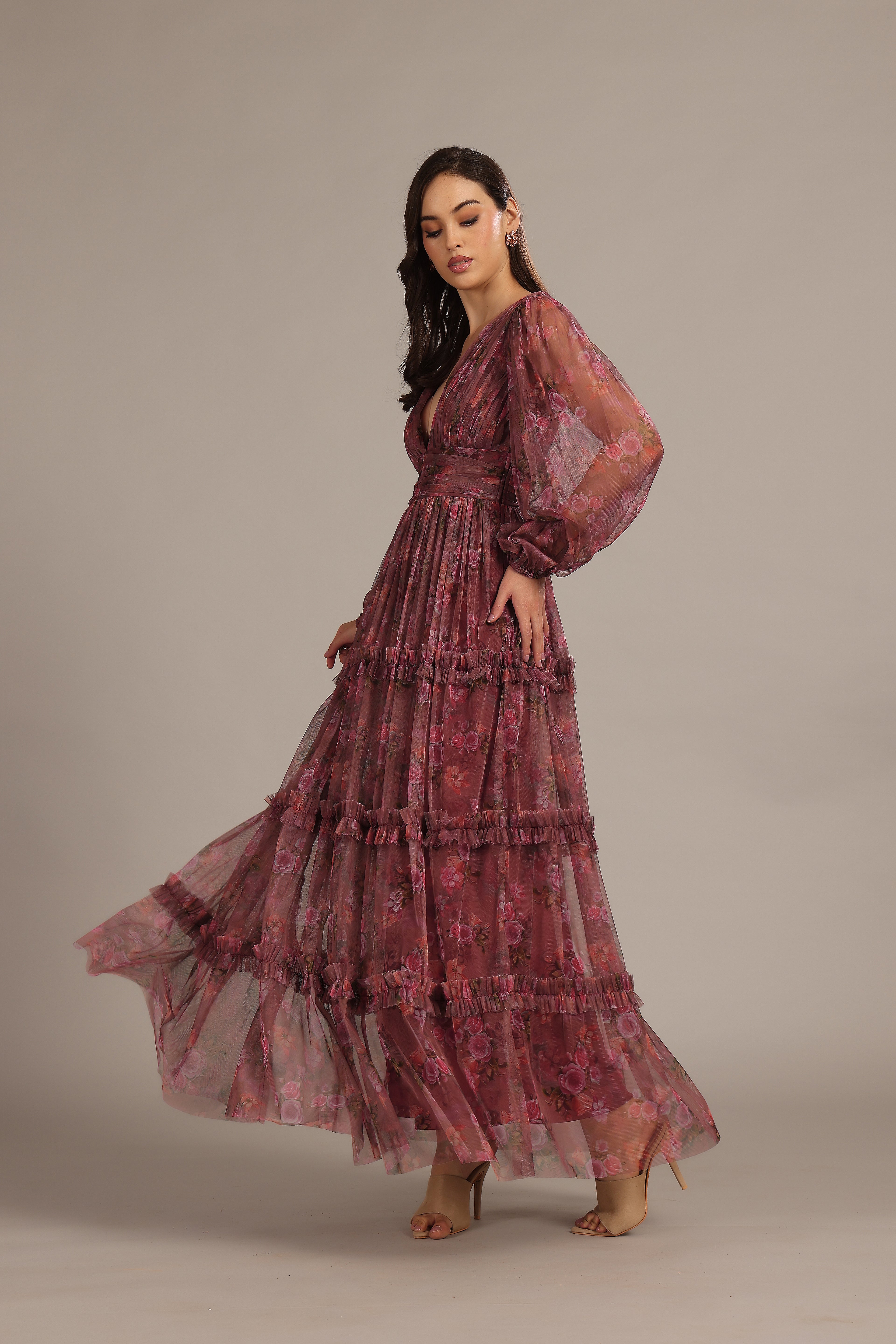 Lydia Tulle Maxi Dress in Purple Floral