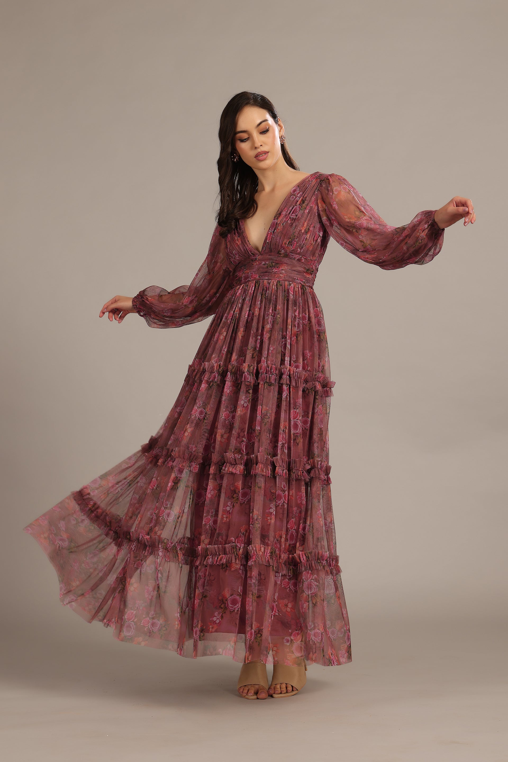 Long Sleeve Soft Mesh Purple Floral Wedding Graduation Maxi Gown Ruffle Skirt