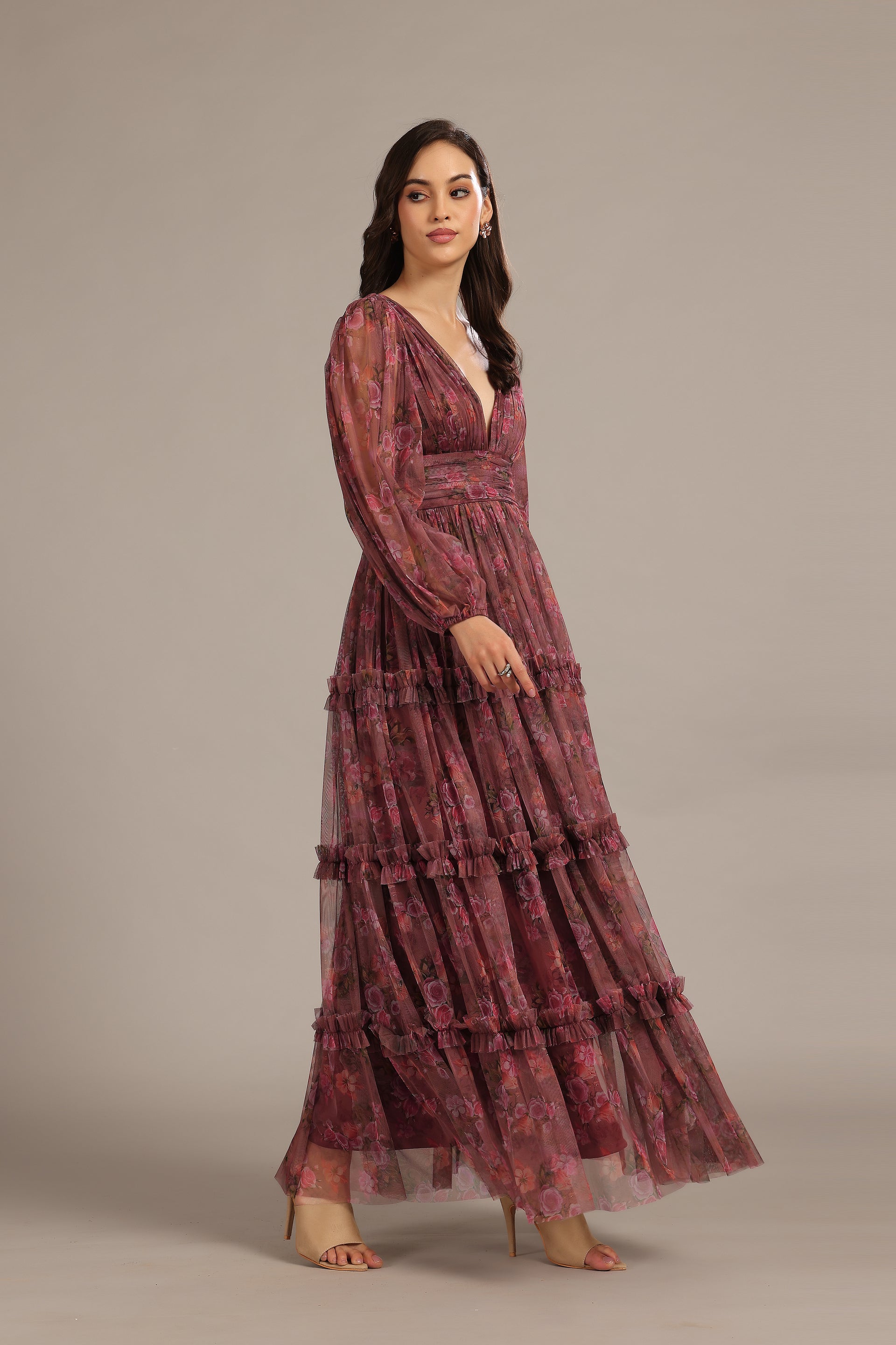 Lydia Tulle Maxi Dress in Purple Floral