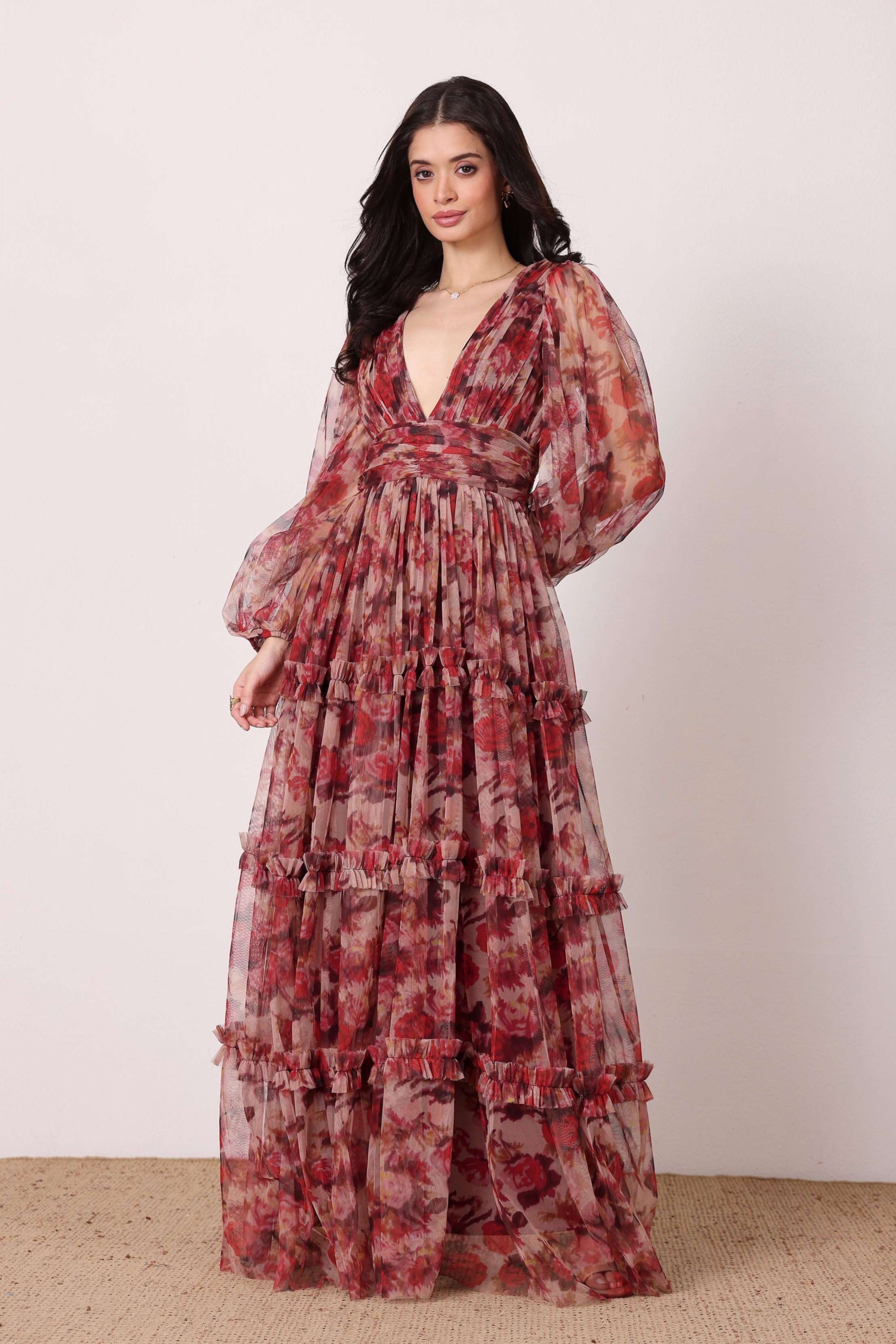 Long sleeve maxi dress cinched waist deep v-neckline rose brown floral formal wedding 