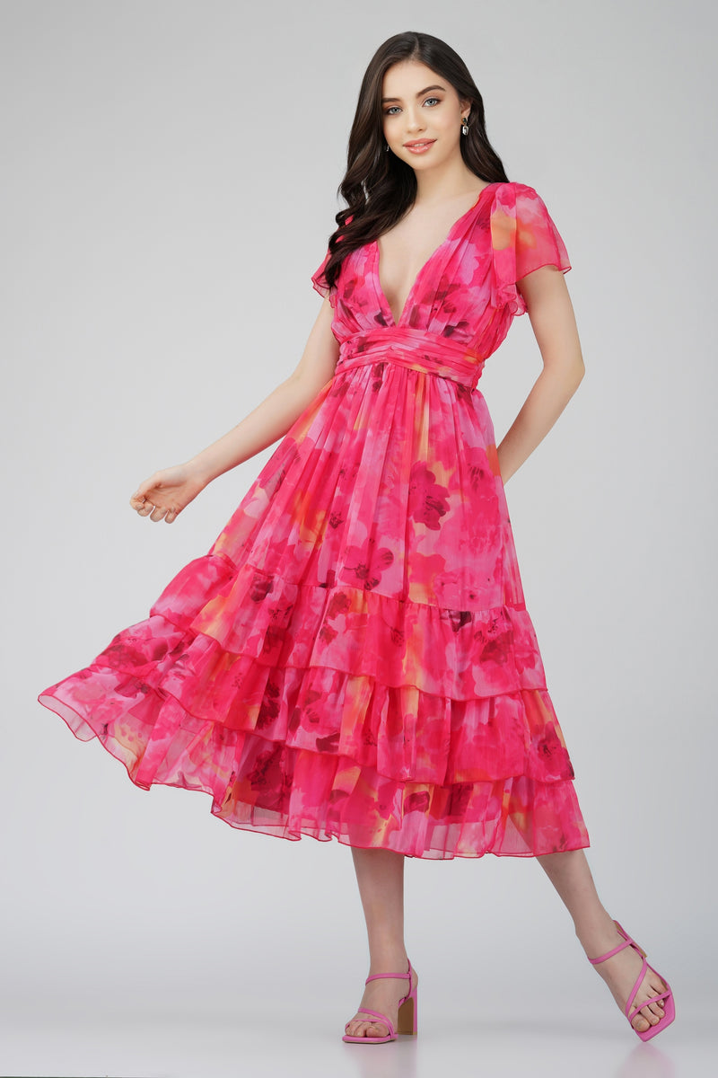 Madison Sunset Pink Chiffon Midi Dress – Lace & Beads