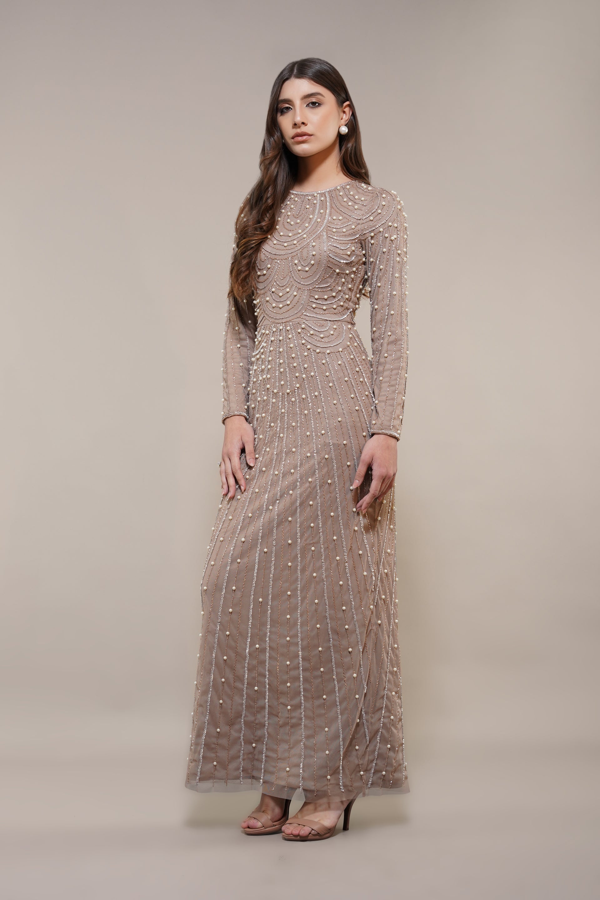 Taupe Maxi Embellished Dress Modest Long-sleeve Pearl