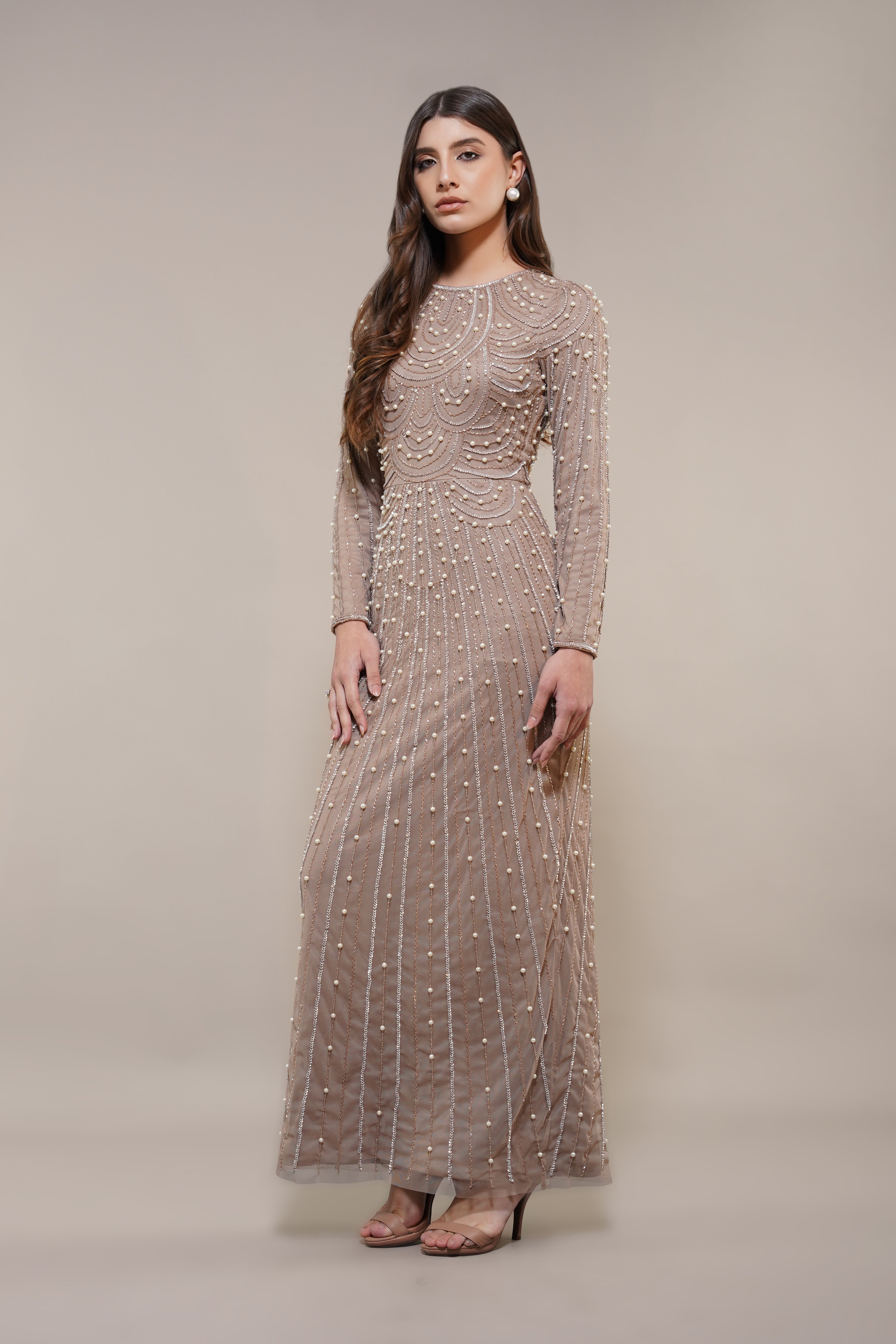 Taupe Maxi Embellished Dress Modest Long-sleeve Pearl