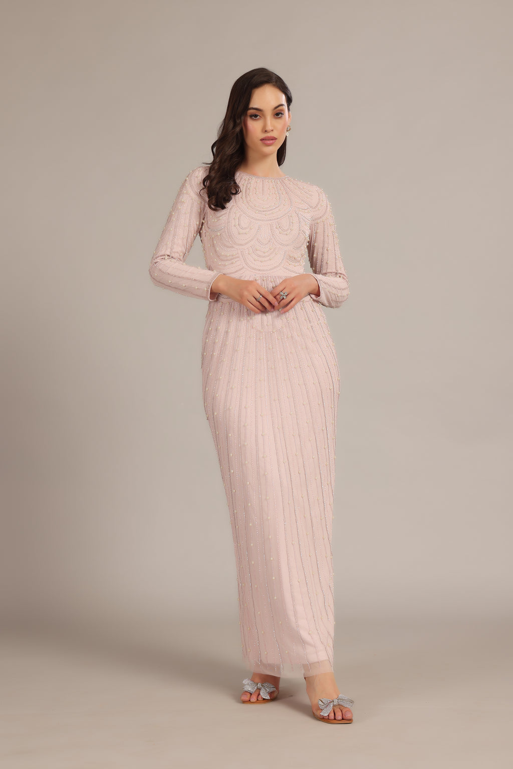 Embellished sequin pearl long-sleeve modest maxi dress powder pink