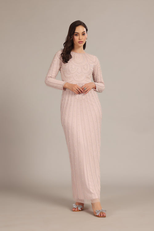 Mabel Embellished Maxi Dress in Powder Pink – Lace & Beads