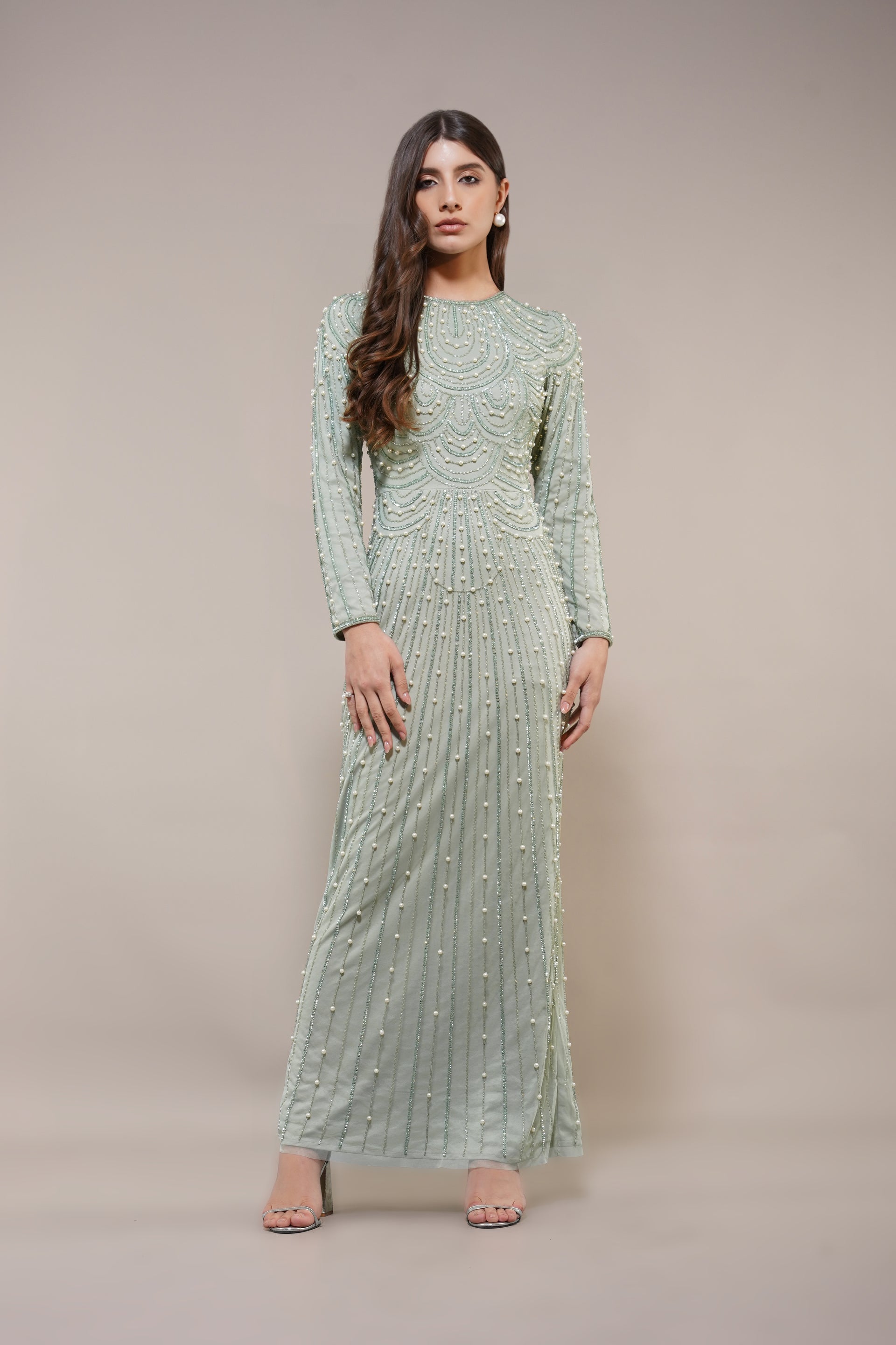 Embellished sequin pearl long-sleeve modest maxi dress sage pistachio green