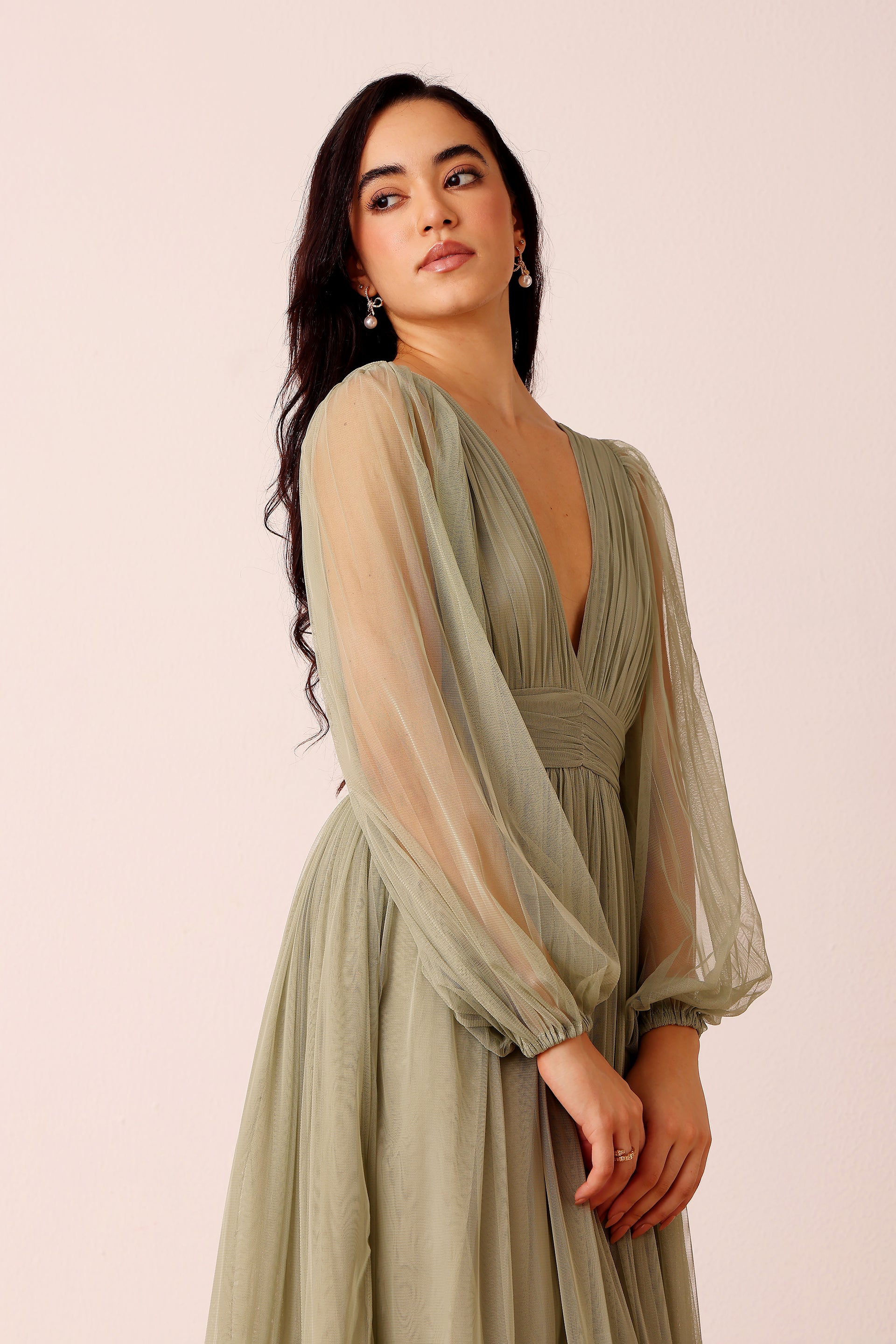 Madison Long Sleeve Tulle Wrap Maxi Dress in Dusty Sage