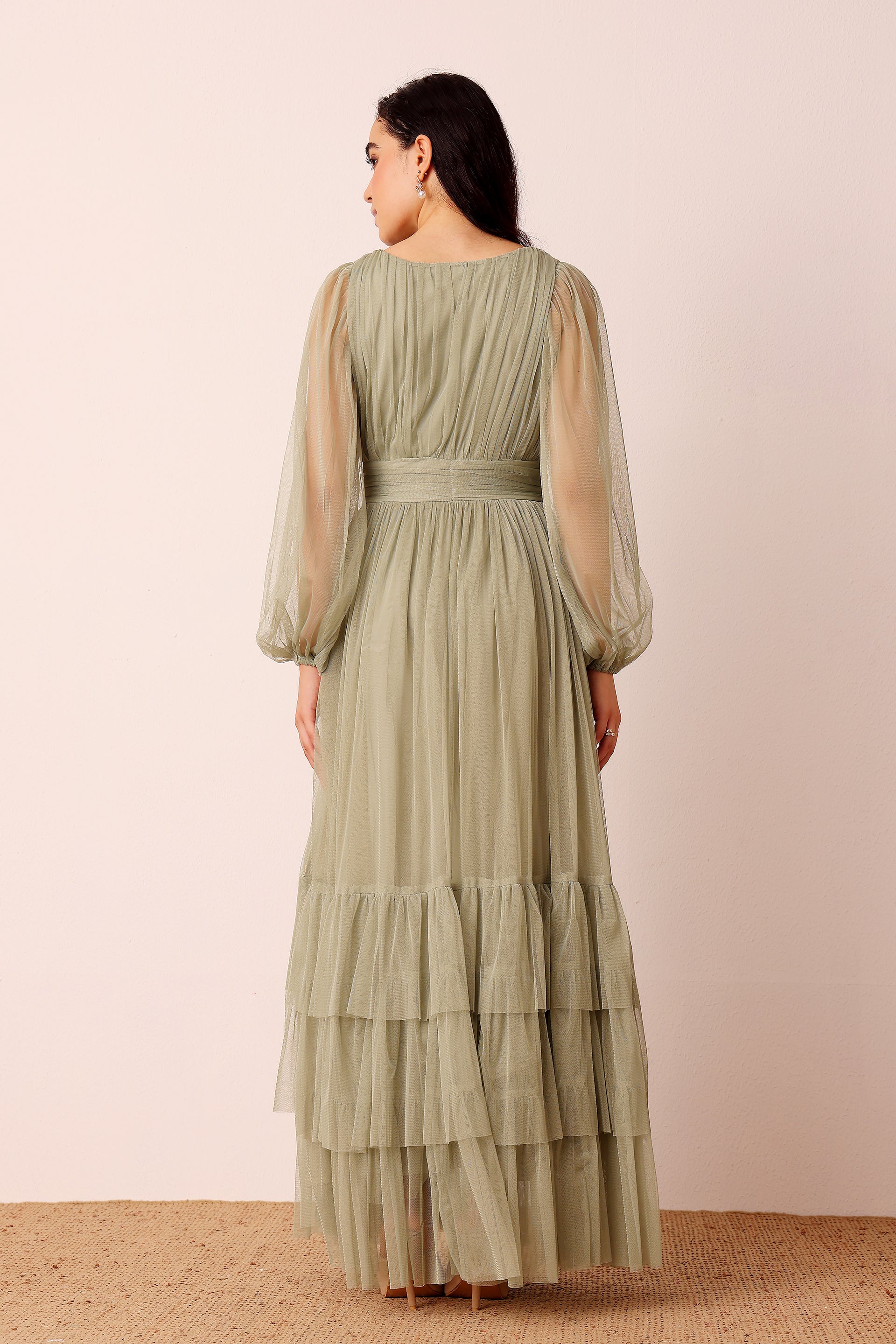 Madison Long Sleeve Tulle Wrap Maxi Dress in Dusty Sage