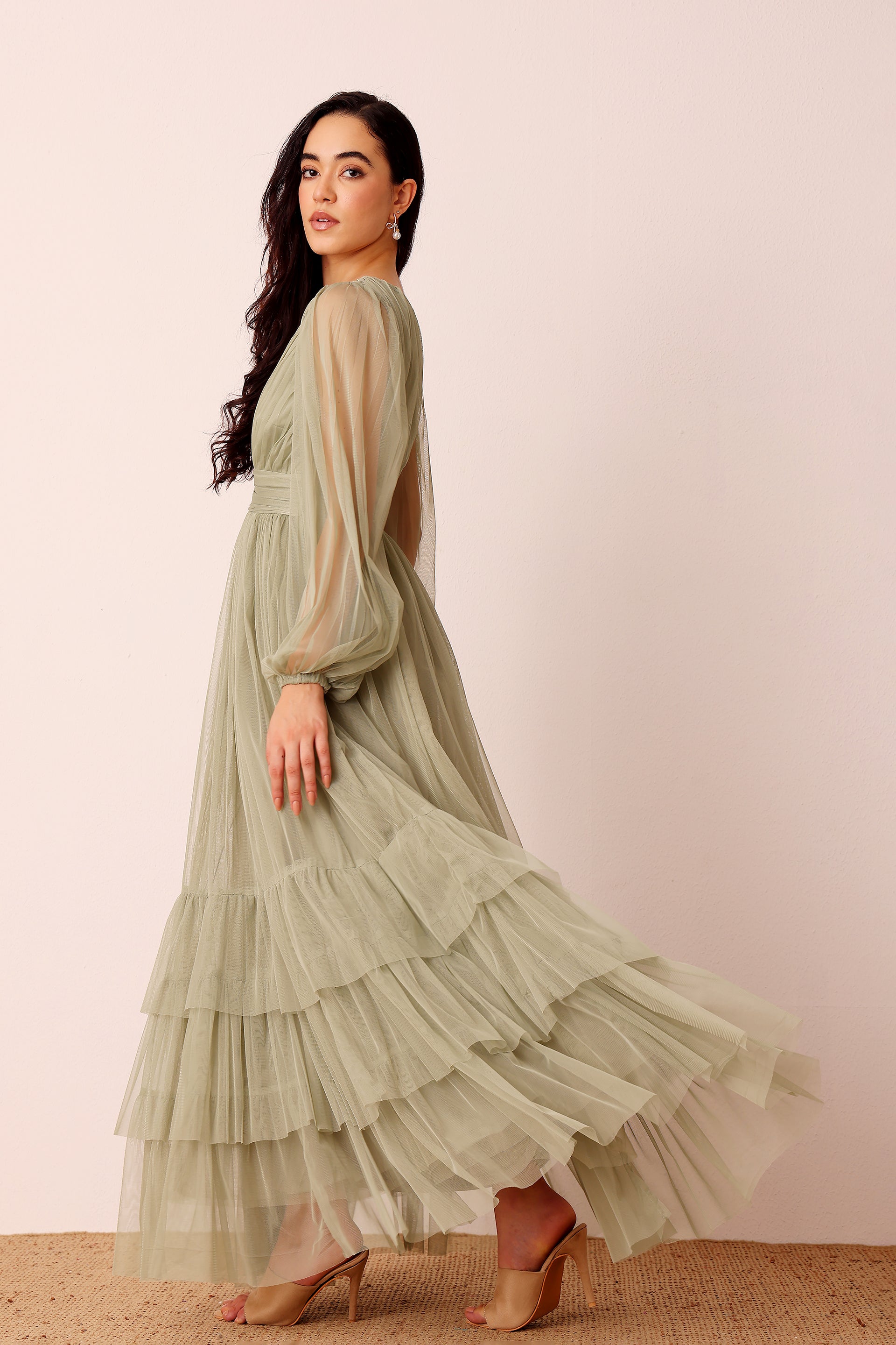 Madison Long Sleeve Tulle Wrap Maxi Dress in Dusty Sage
