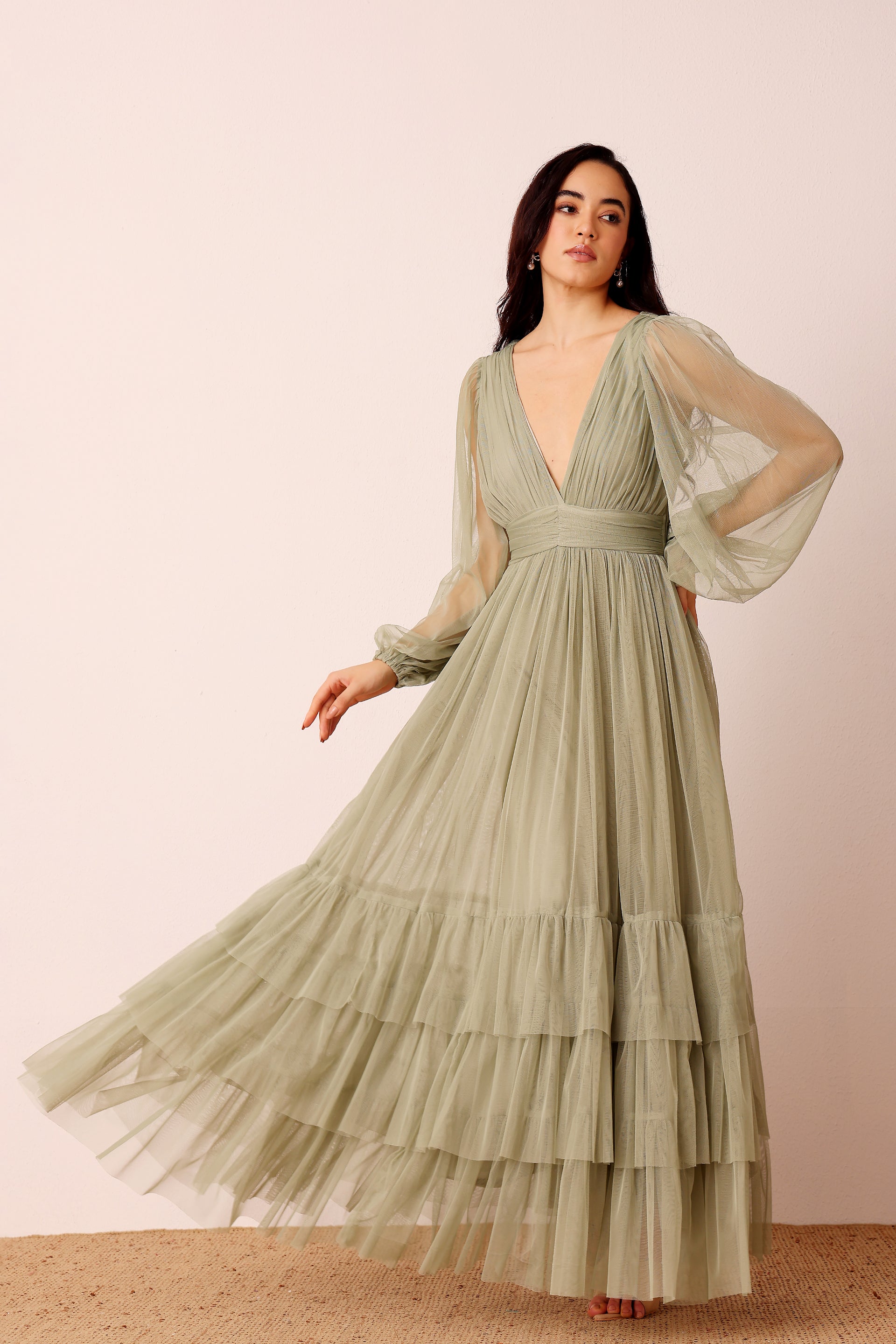 Madison Long Sleeve Tulle Wrap Maxi Dress in Dusty Sage